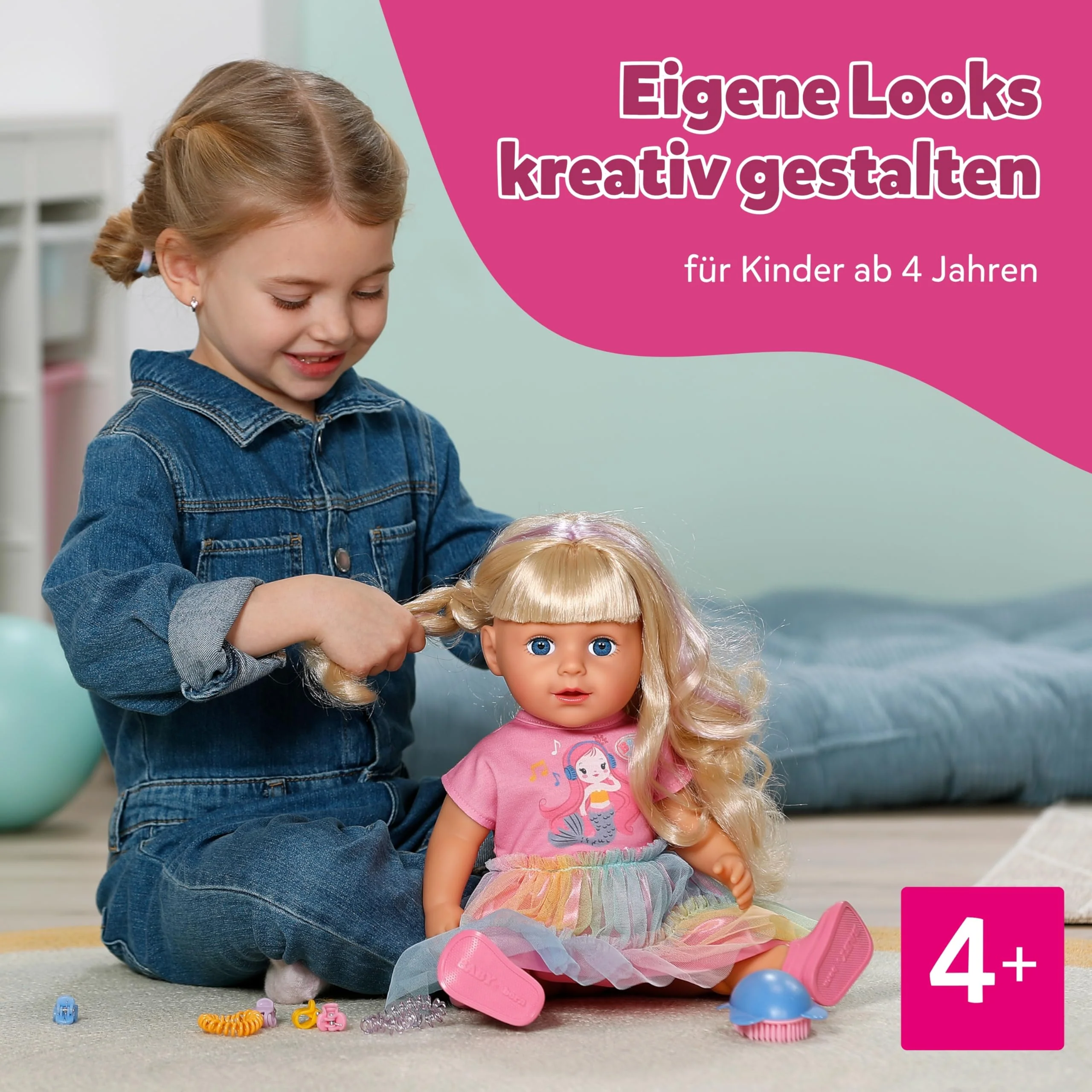 BABY born Carla - 43 cm große Puppe - Hochwertiges Blondes Haar mit Strähnen - Benötigt Keine Batterien - Geeignet für Kinder ab 4 Jahren - Inkl. 7 Accessoires, Rosa - Image 4