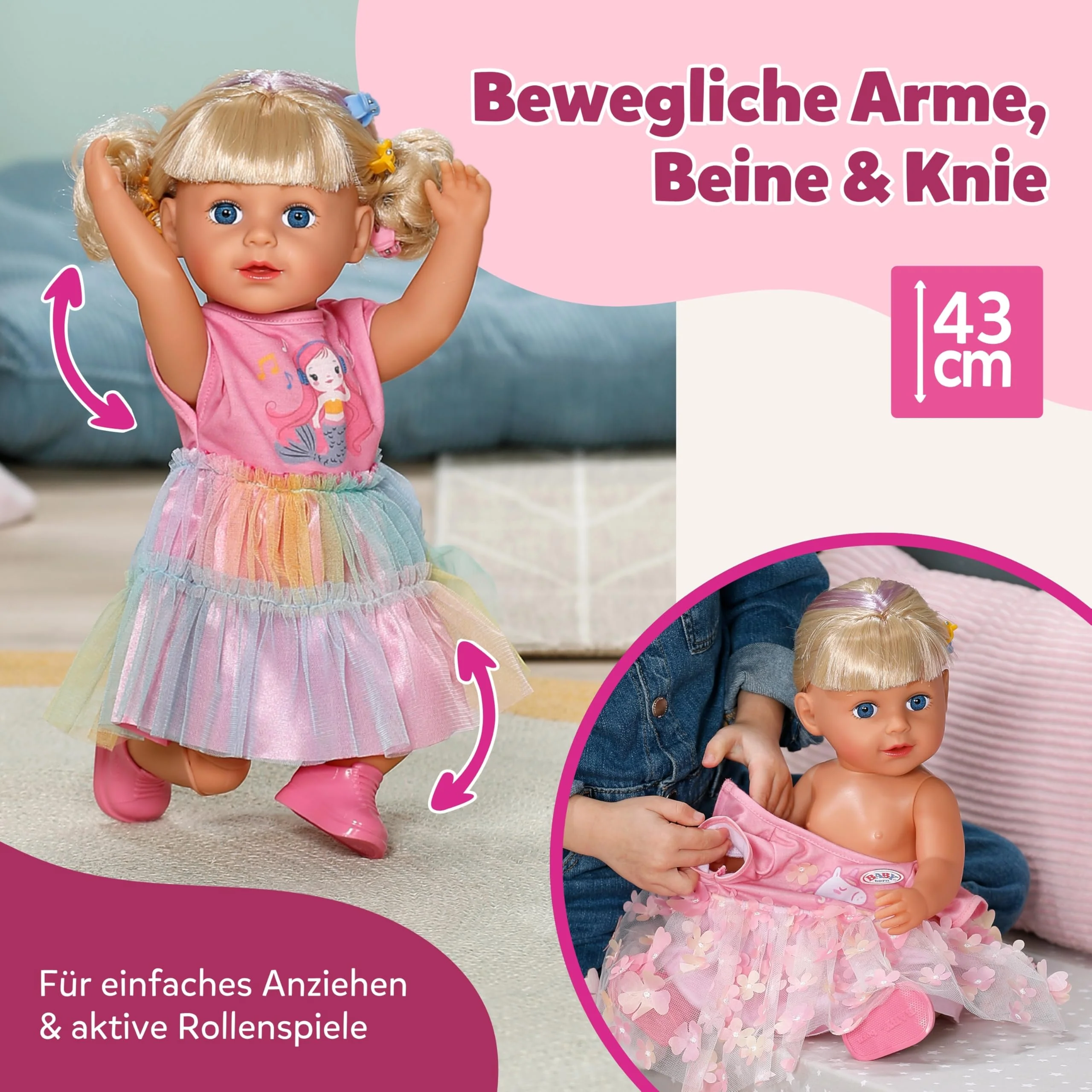BABY born Carla - 43 cm große Puppe - Hochwertiges Blondes Haar mit Strähnen - Benötigt Keine Batterien - Geeignet für Kinder ab 4 Jahren - Inkl. 7 Accessoires, Rosa - Image 5