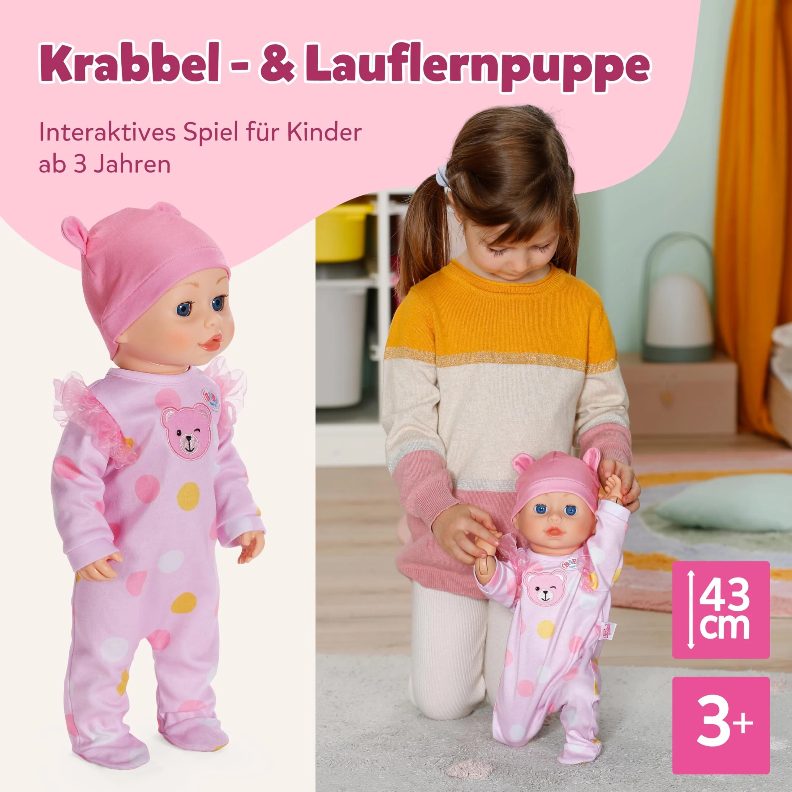 BABY born Emily Lauf mit Mir - 43 cm Puppe mit elektronischen Funktionen - Krabbel- & Lauflernpuppe mit Soundfunktion - Inkl. rosa Strampler & Mütze - Geeignet für Kinder ab 3 Jahren - Image 4