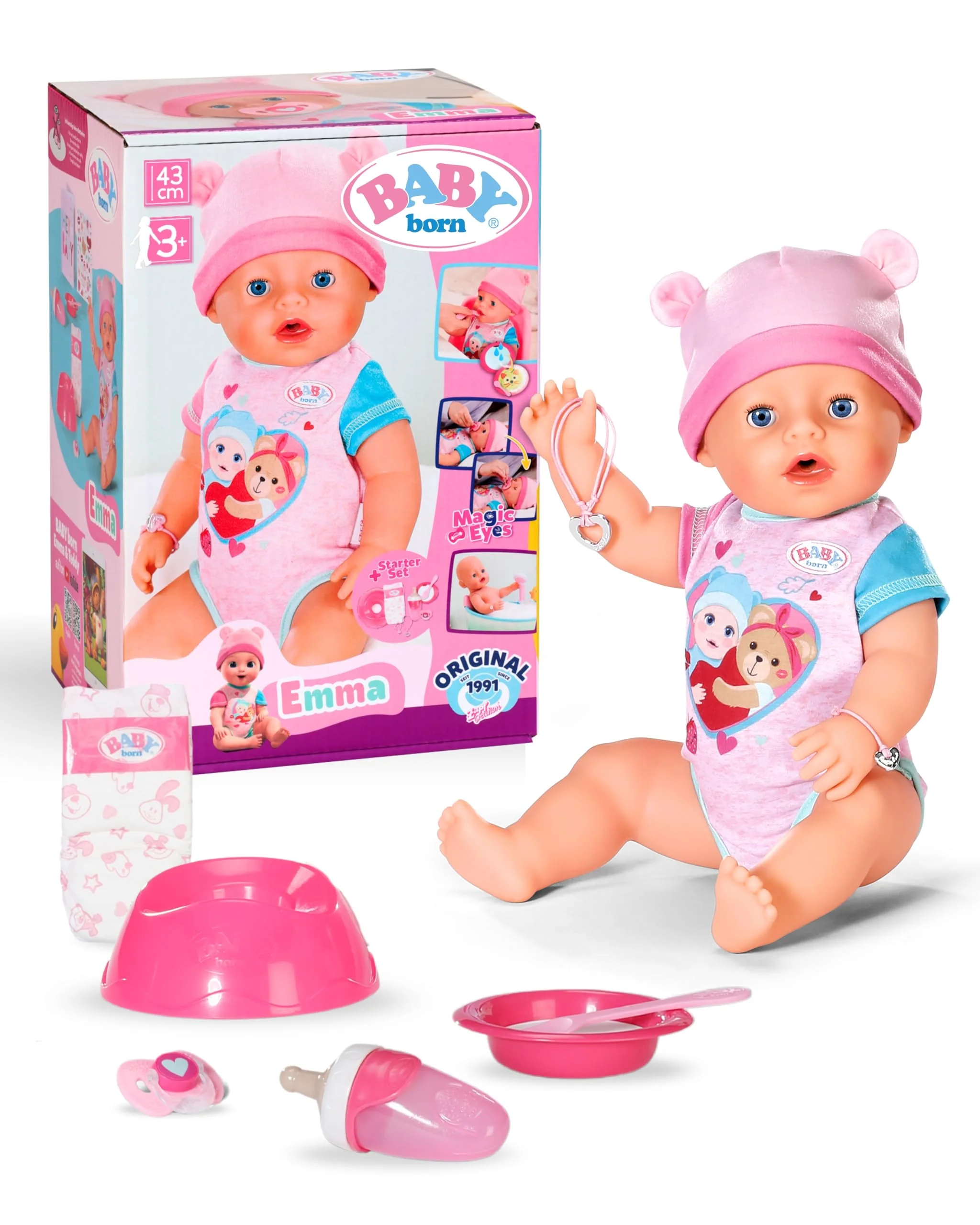 BABY born Emma - 43 cm große Babypuppe - 10 Funktionen inkl. Accessoires & Strampler - Funktioniert komplett ohne Batterien - Geeignet für Kinder ab 3 Jahren
