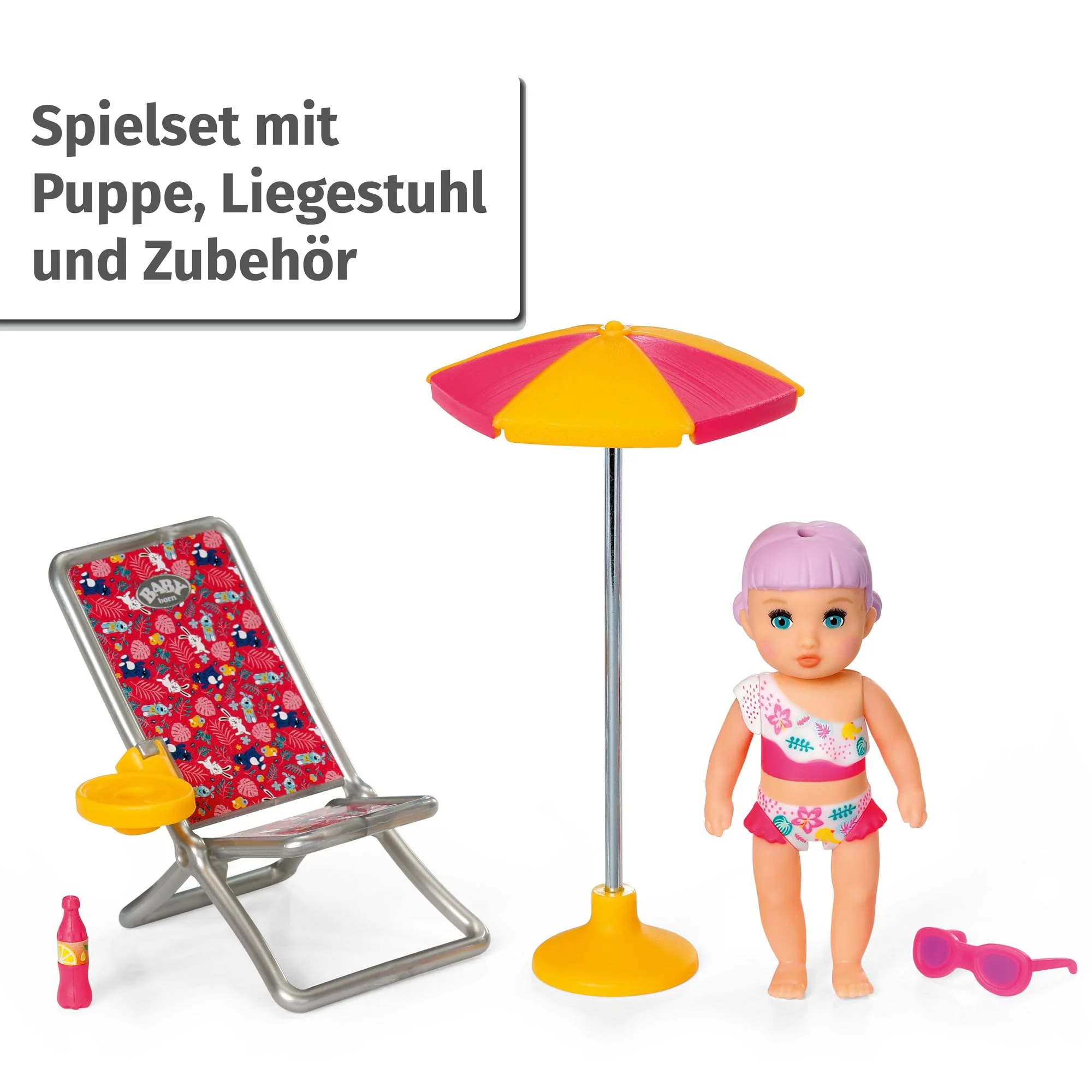 BABY born Minis Sonnenstuhl-Spielset mit Minis-Puppe Lara und Liegestuhl, 701911 Zapf Creation, Bright And Vibrant Colors (Tropical Print) - Image 7