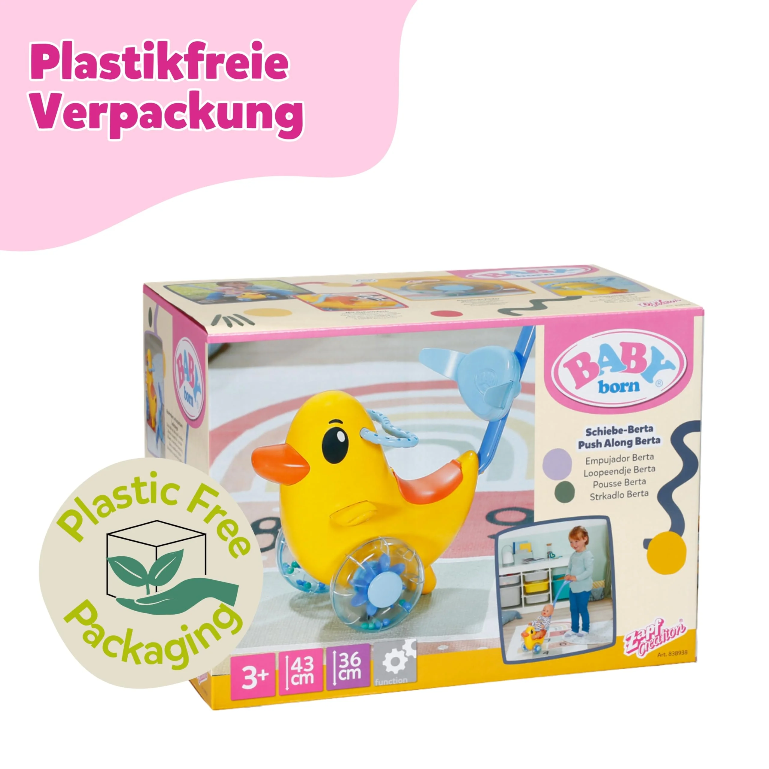BABY born Schiebe-Berta - Mit Lenkstange & funktionsfähigen Rädern - Für 36 cm & 43 cm Puppen - Hochwertiges Puppenzubehör - Geeignet für Kinder ab 3 Jahren, Gelb - Image 3