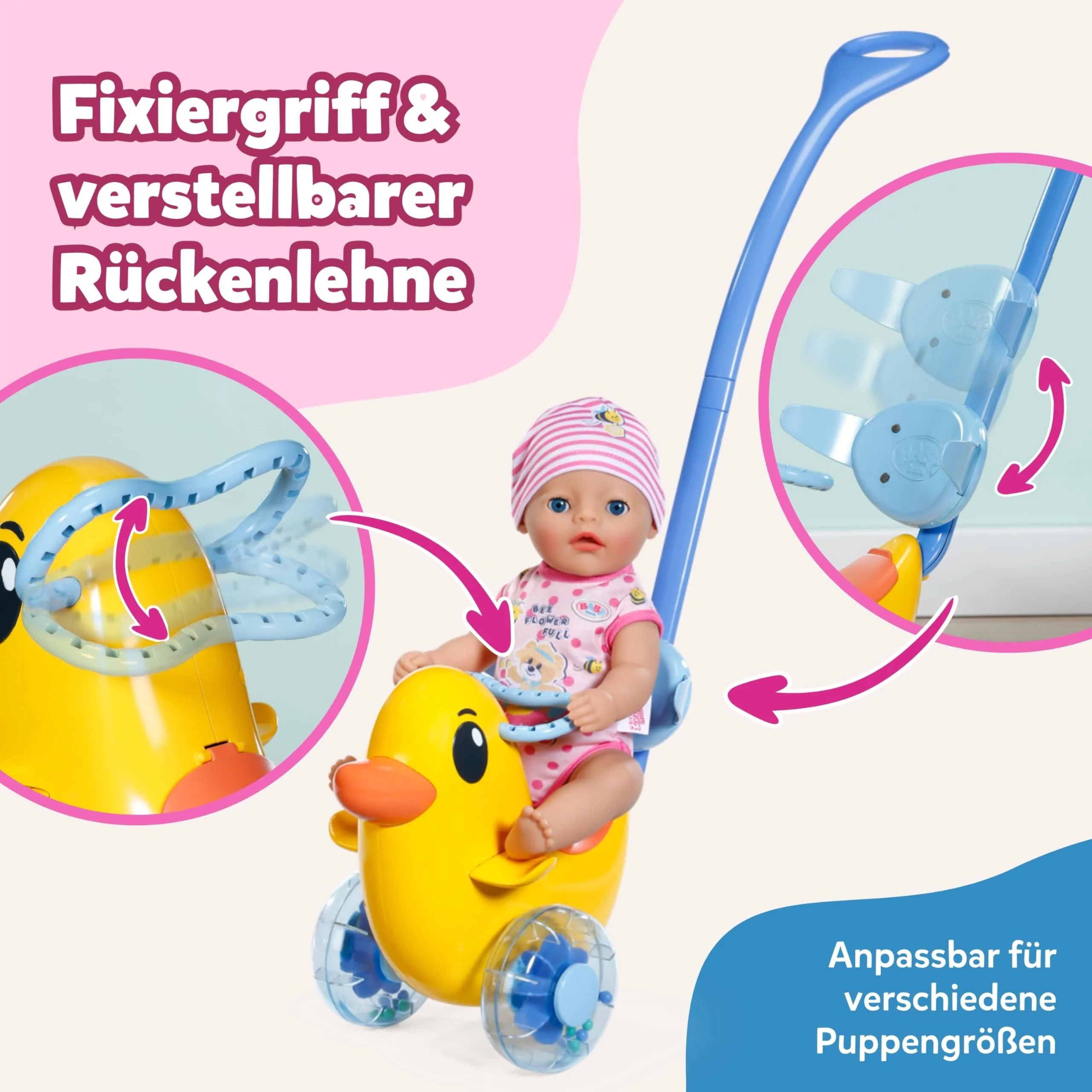 BABY born Schiebe-Berta - Mit Lenkstange & funktionsfähigen Rädern - Für 36 cm & 43 cm Puppen - Hochwertiges Puppenzubehör - Geeignet für Kinder ab 3 Jahren, Gelb - Image 6