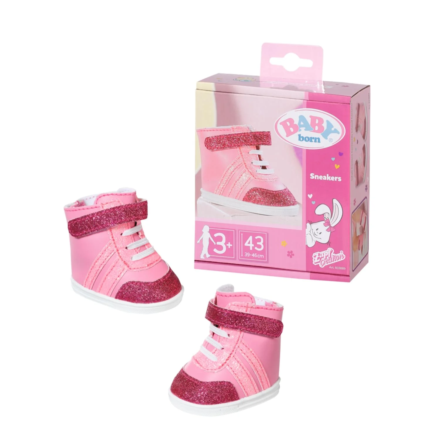 BABY born Sneakers pink, Puppenschuhe in Rosa mit Klettverschluss und Glitzer für 43 cm Puppen, 833889 Zapf Creation