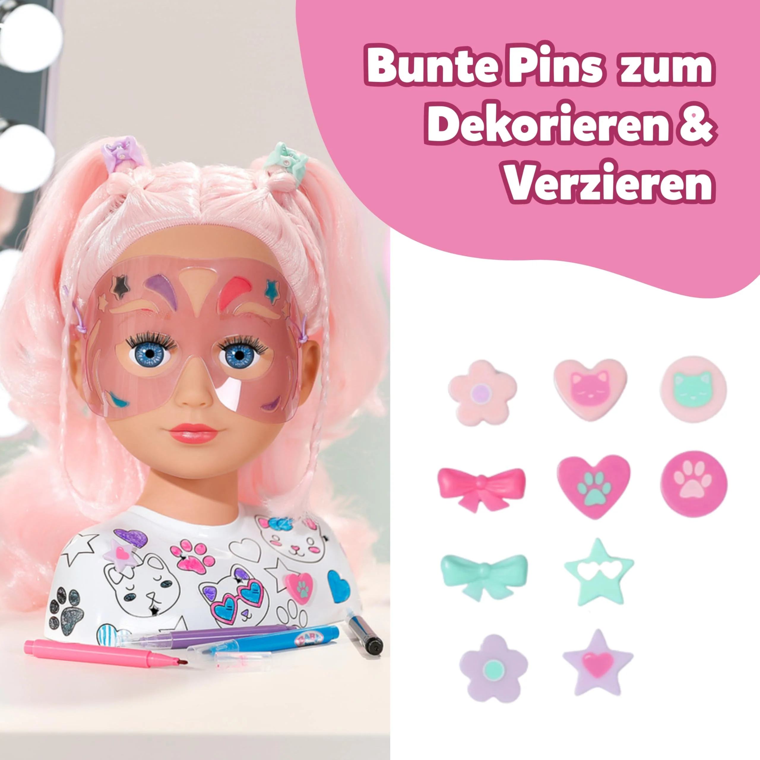 BABY born Styling Kopf Kreativ - Puppen Frisierkopf für Kinder ab 3 Jahren - Schminkkopf mit hochwertigem rosa Haar inkl. Markern zum bemalen & über 20 weiteren Accessoires - Image 5