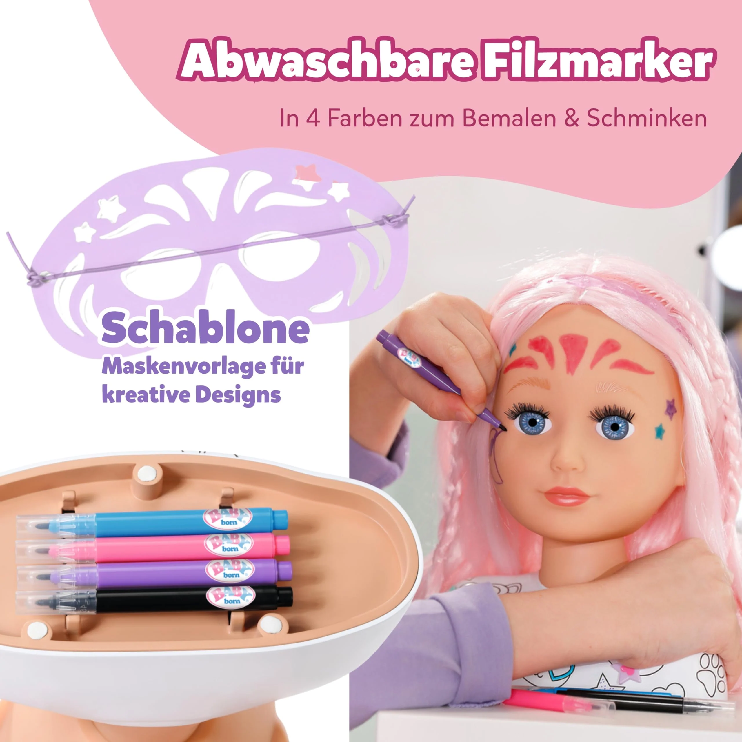 BABY born Styling Kopf Kreativ - Puppen Frisierkopf für Kinder ab 3 Jahren - Schminkkopf mit hochwertigem rosa Haar inkl. Markern zum bemalen & über 20 weiteren Accessoires - Image 8