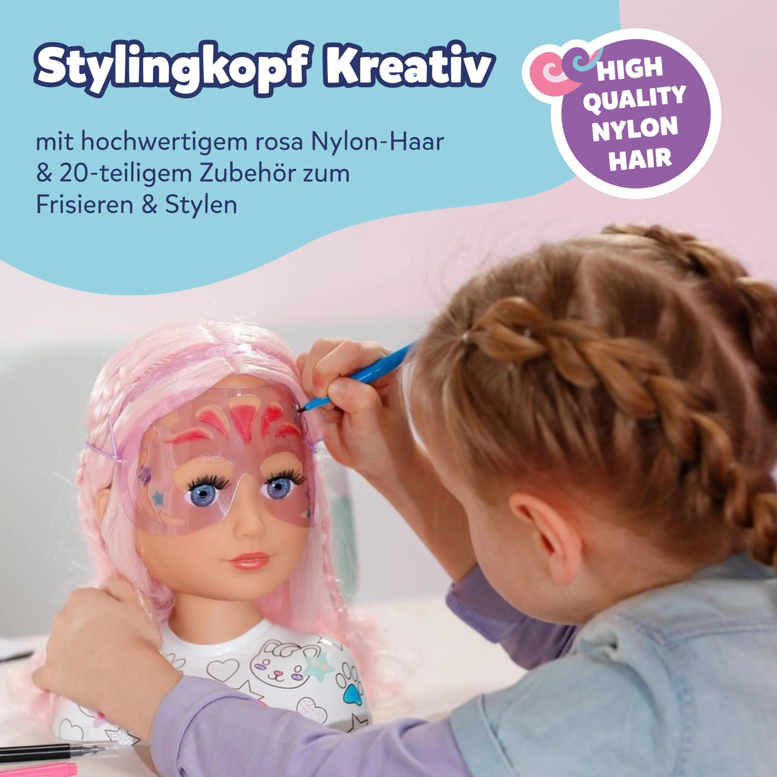 BABY born Styling Kopf Kreativ - Puppen Frisierkopf für Kinder ab 3 Jahren - Schminkkopf mit hochwertigem rosa Haar inkl. Markern zum bemalen & über 20 weiteren Accessoires - Image 9