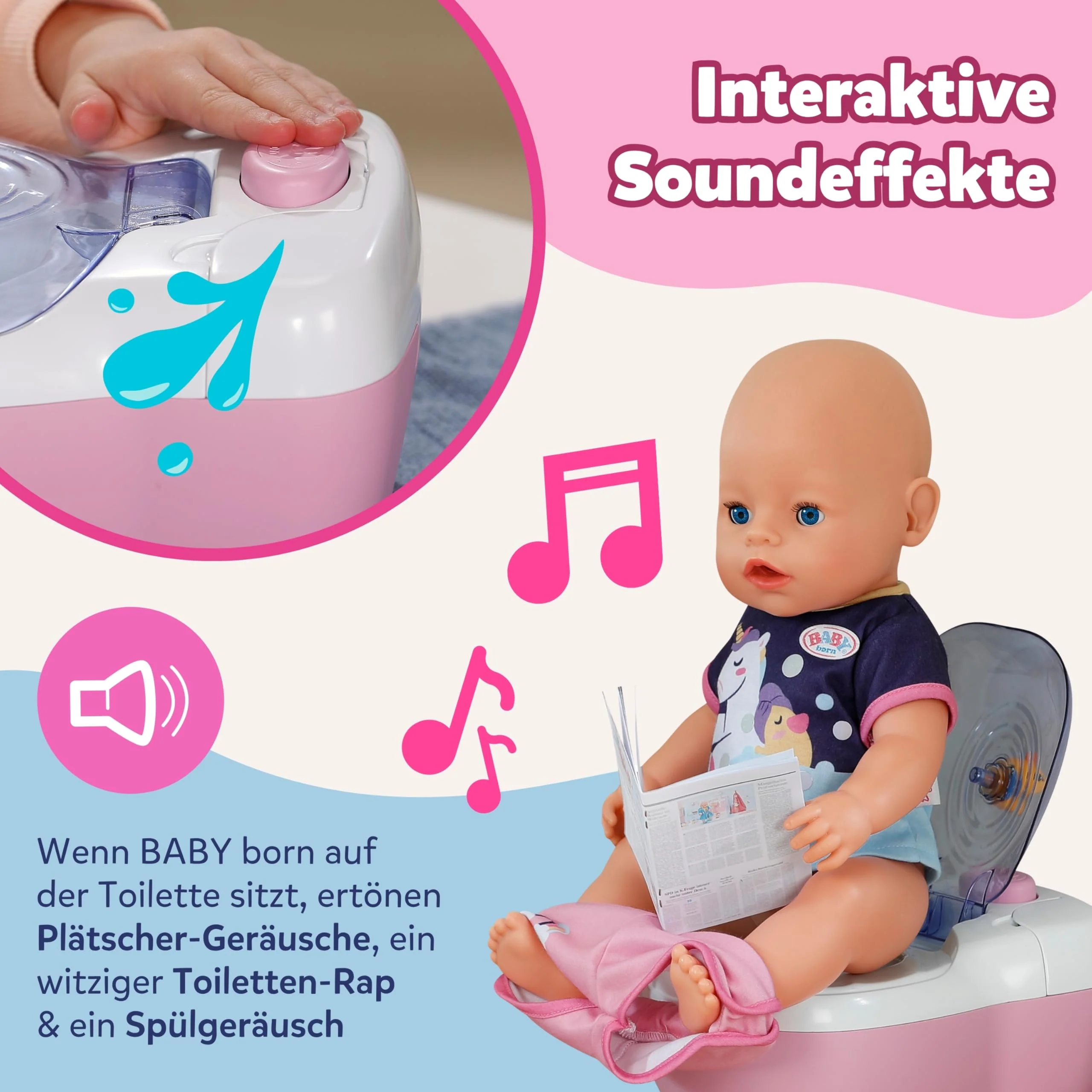 BABY born Toilette - Puppentoilette mit Spülgeräuschen, Toiletten-Song & Zubehör - Hochwertiges Puppenzubehör - Für Puppen der Größe 36 cm & 43 cm, Rosa - Image 9