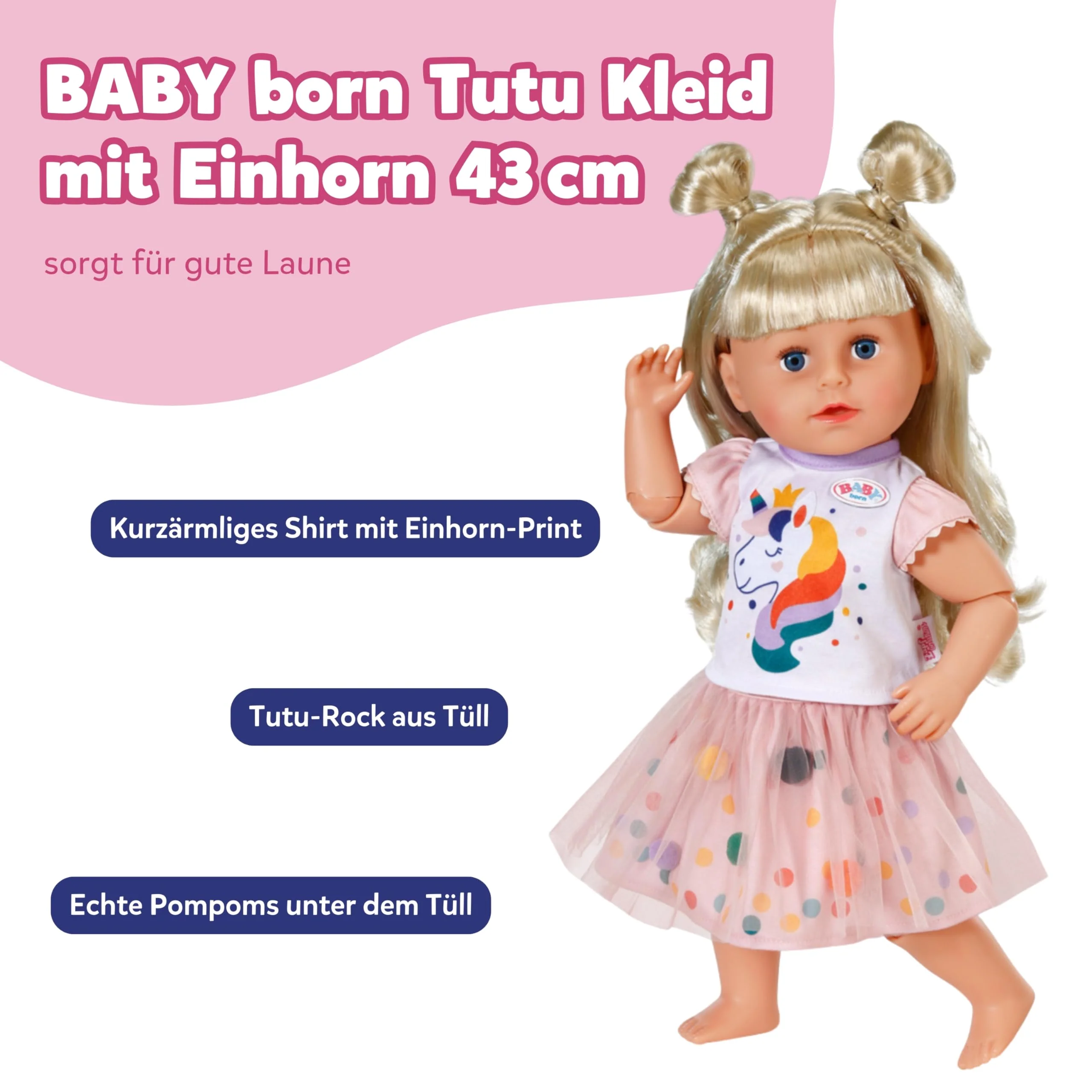 BABY born Tutu Kleid mit Einhorn Print - Set aus Kurzarm-Shirt & Tüllrock mit bunten Punkten - Hochwertiges Puppenzubehör - Kleidung geeignet für Puppen der Größe 43 cm - Image 7