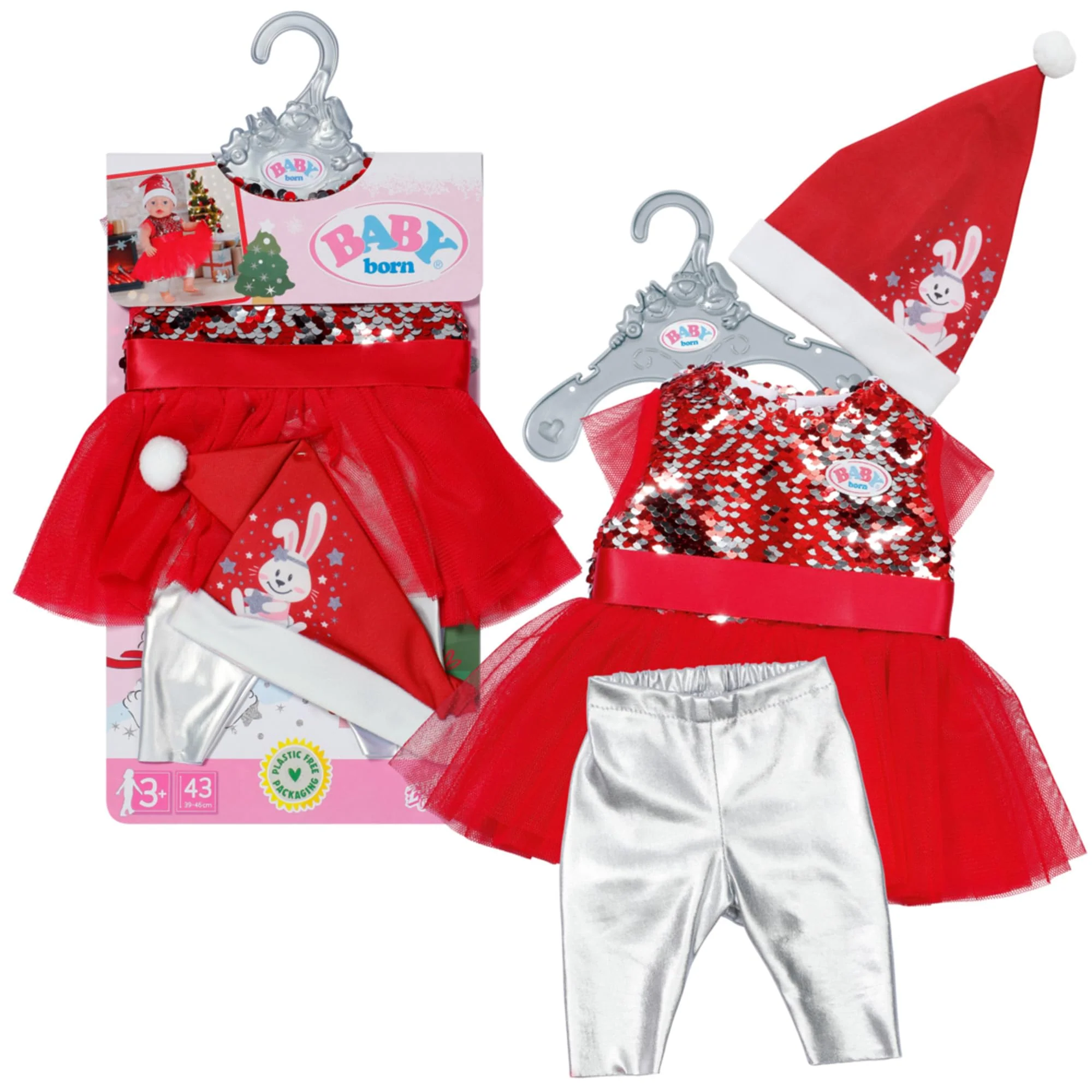 BABY born Weihnachtsoutfit 43cm, Weihnachtskleid mit Pailletten, Leggings und Weihnachtsmütze für 43cm Puppen, 836118 Zapf Creation