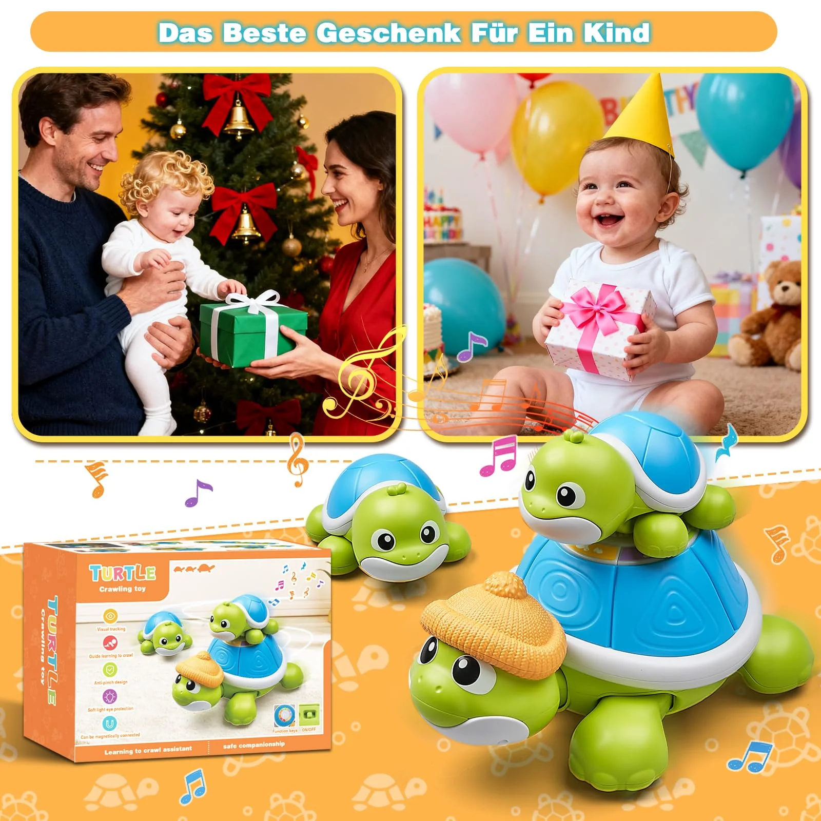 Baby Krabbel Spielzeug ab 3 6 9 Monate, 3 PCS Schildkröten Krabbelspielzeug mit Licht und Musik, Frühkindliches Lernspielzeug, Tummy Time Baby Toys, Neugeborenes Spielzeug Geschenk - Image 2