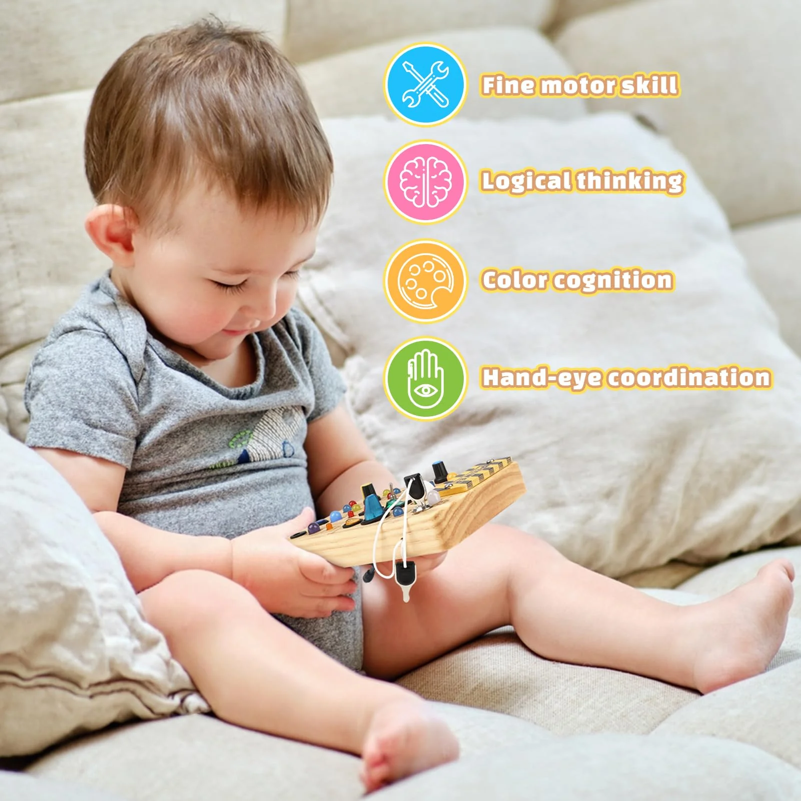 Baby Montessori Busy Board ab 2 Jahr, Motorikspielzeug mit 19 LED, Activity Board Holzspielzeug Lernspielzeug Sensorik Spielzeug, Geschenk Jungen und Mädch ab 2 3 4 Jahr - Image 5