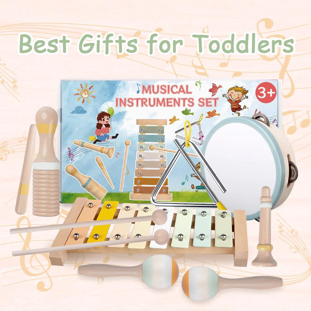 Baby-Musikinstrumente - Montessori-Holzspielzeug für Kleinkinder von 1-3 Jahren, Percussion-Instrumente Set mit modernem Boho-Xylophon für Kinder Vorschulbildung 3+ - Image 2
