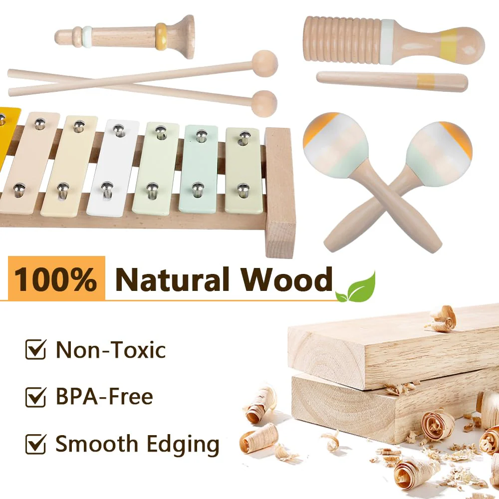 Baby-Musikinstrumente - Montessori-Holzspielzeug für Kleinkinder von 1-3 Jahren, Percussion-Instrumente Set mit modernem Boho-Xylophon für Kinder Vorschulbildung 3+ - Image 3