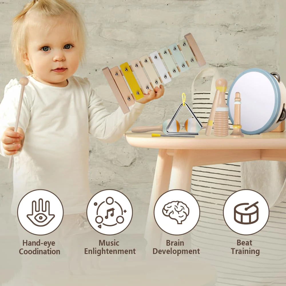 Baby-Musikinstrumente - Montessori-Holzspielzeug für Kleinkinder von 1-3 Jahren, Percussion-Instrumente Set mit modernem Boho-Xylophon für Kinder Vorschulbildung 3+ - Image 5