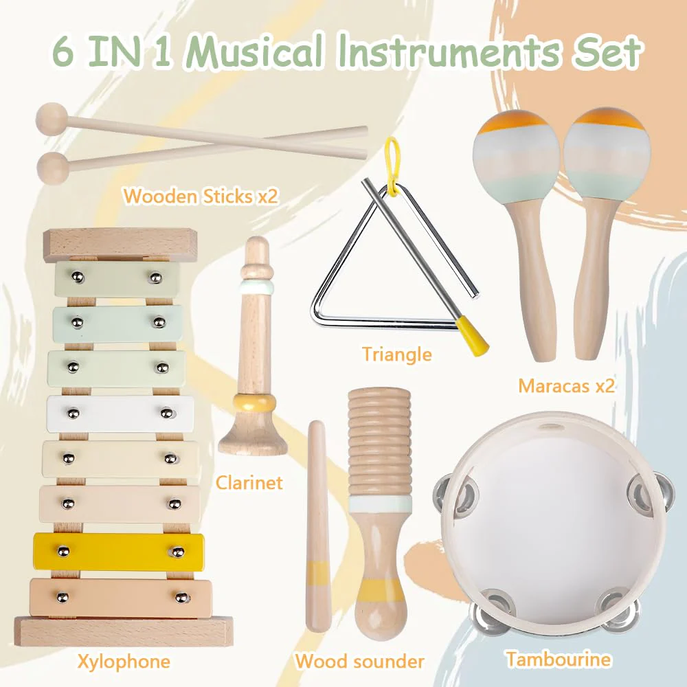 Baby-Musikinstrumente - Montessori-Holzspielzeug für Kleinkinder von 1-3 Jahren, Percussion-Instrumente Set mit modernem Boho-Xylophon für Kinder Vorschulbildung 3+ - Image 6