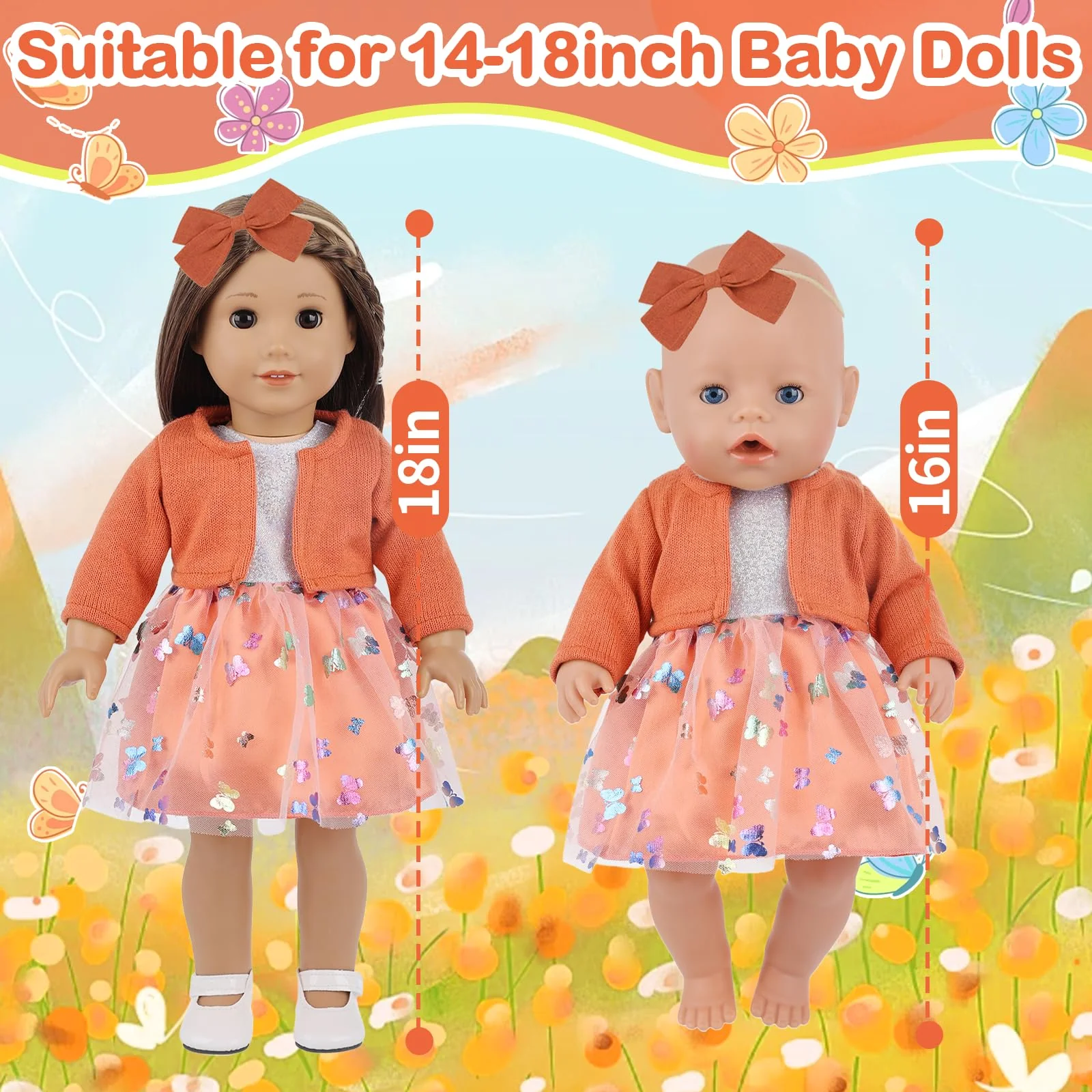Baby Puppen Kleidung für 14-18 Zoll Babypuppen, 4 Stück Orange Farbe Puppenkleidung Outfits mit Orangefarbenen Mantel Tüllrock Haarband Socken für 43 cm Puppen, 35-43cm Süßes Puppenkleidungs - Image 4