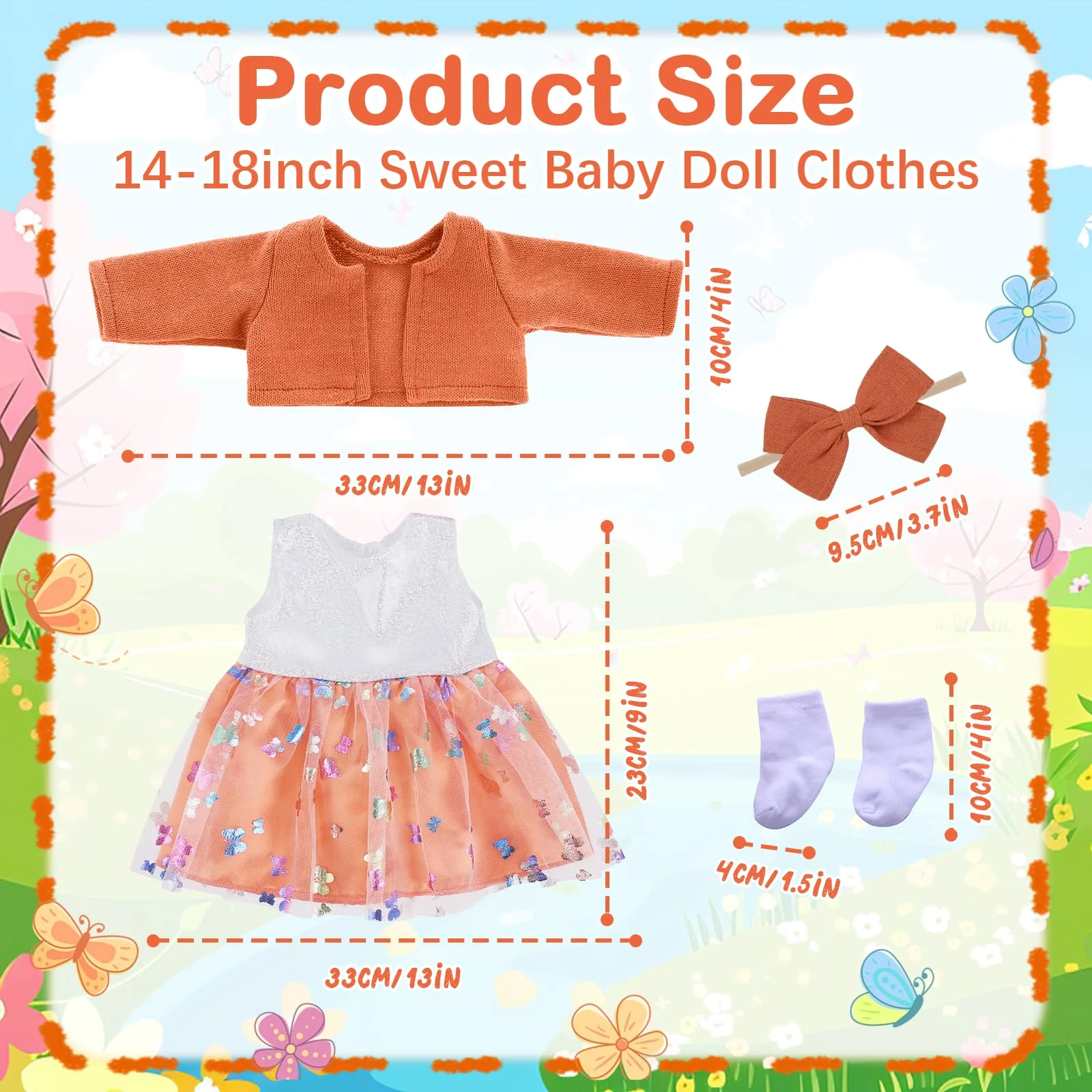 Baby Puppen Kleidung für 14-18 Zoll Babypuppen, 4 Stück Orange Farbe Puppenkleidung Outfits mit Orangefarbenen Mantel Tüllrock Haarband Socken für 43 cm Puppen, 35-43cm Süßes Puppenkleidungs - Image 8