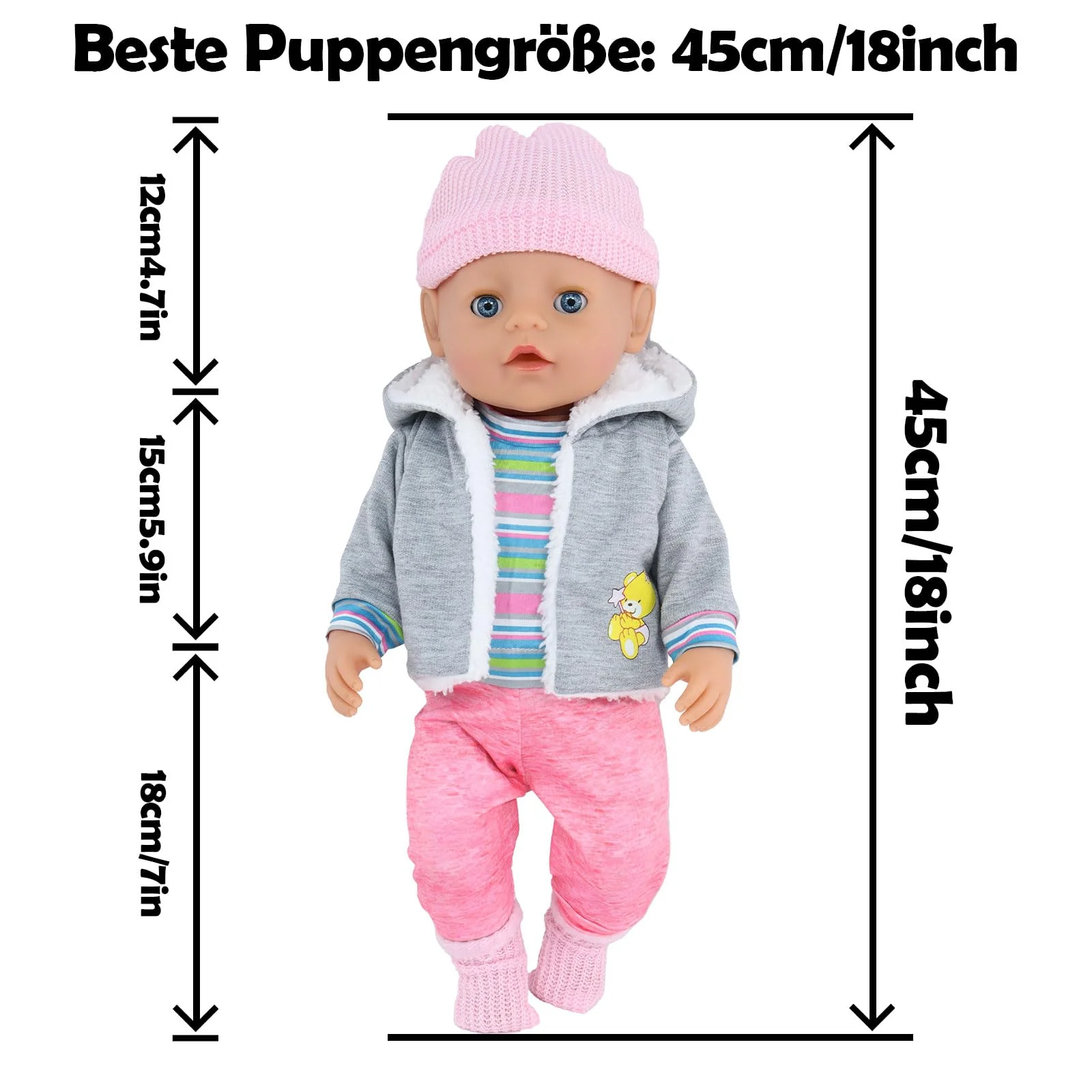 Baby Puppen Puppenkleidung 35-43 cm 1 graue Jacke + 1 gestreifter Pullover + 1 Strickmütze + 1 Paar Socken, Kleidung Outfits für Baby Kinder Mädchen Jungen (Puppe Nicht enthalten) - Image 2