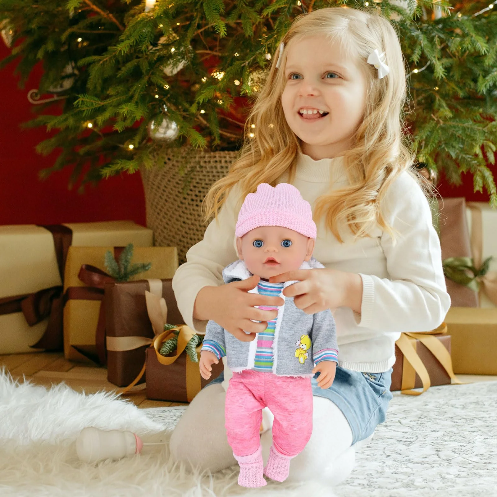 Baby Puppen Puppenkleidung 35-43 cm 1 graue Jacke + 1 gestreifter Pullover + 1 Strickmütze + 1 Paar Socken, Kleidung Outfits für Baby Kinder Mädchen Jungen (Puppe Nicht enthalten) - Image 4