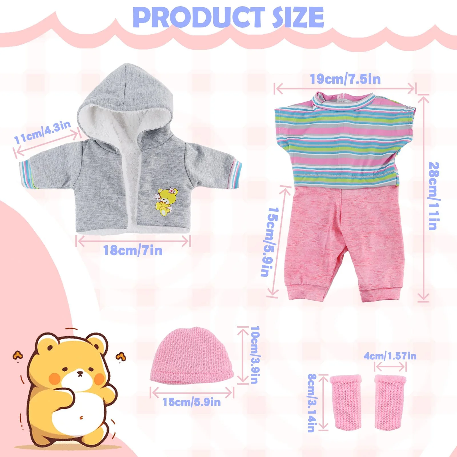 Baby Puppen Puppenkleidung 35-43 cm 1 graue Jacke + 1 gestreifter Pullover + 1 Strickmütze + 1 Paar Socken, Kleidung Outfits für Baby Kinder Mädchen Jungen (Puppe Nicht enthalten) - Image 8