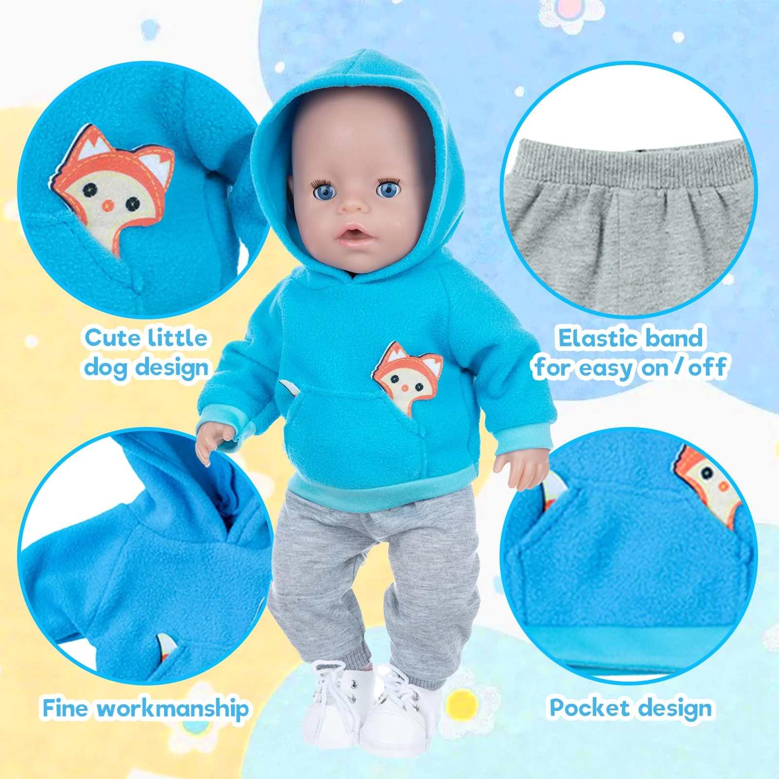 Baby Puppen Puppenkleidung 35-43 cm, Kleidung Outfits für Baby Puppen, 1 Animal Element Kapuzensweatshirt+ 1 graue Hose + 1 Paar Socken +1 Hänger, Puppenkleidungsset Geschenk für Kinder Mädchen Jungen - Image 4