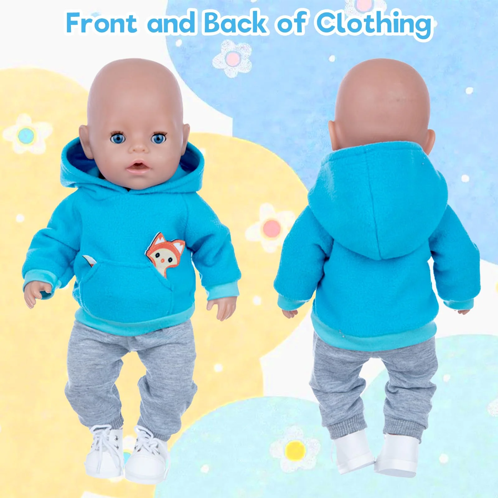 Baby Puppen Puppenkleidung 35-43 cm, Kleidung Outfits für Baby Puppen, 1 Animal Element Kapuzensweatshirt+ 1 graue Hose + 1 Paar Socken +1 Hänger, Puppenkleidungsset Geschenk für Kinder Mädchen Jungen - Image 6