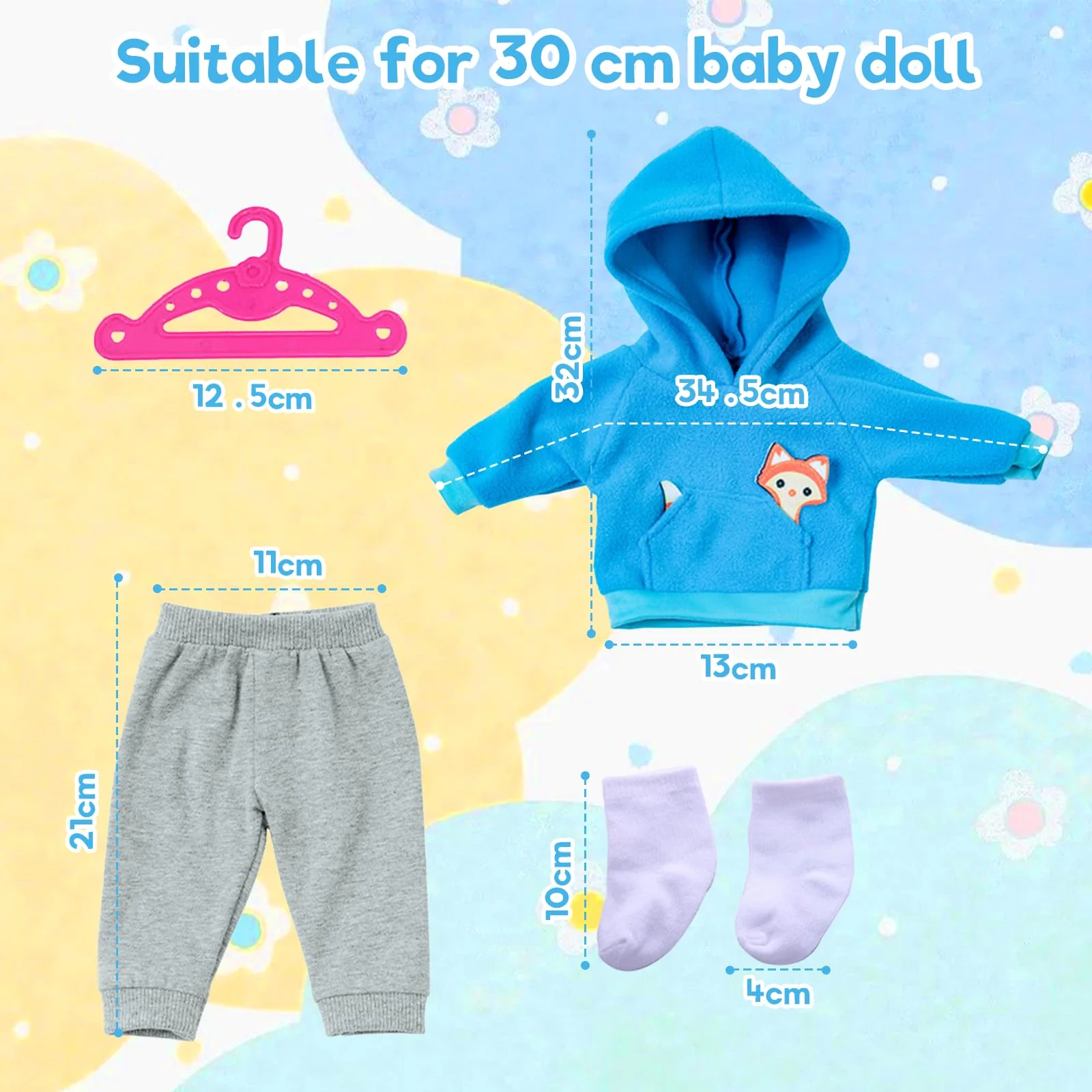 Baby Puppen Puppenkleidung 35-43 cm, Kleidung Outfits für Baby Puppen, 1 Animal Element Kapuzensweatshirt+ 1 graue Hose + 1 Paar Socken +1 Hänger, Puppenkleidungsset Geschenk für Kinder Mädchen Jungen - Image 7