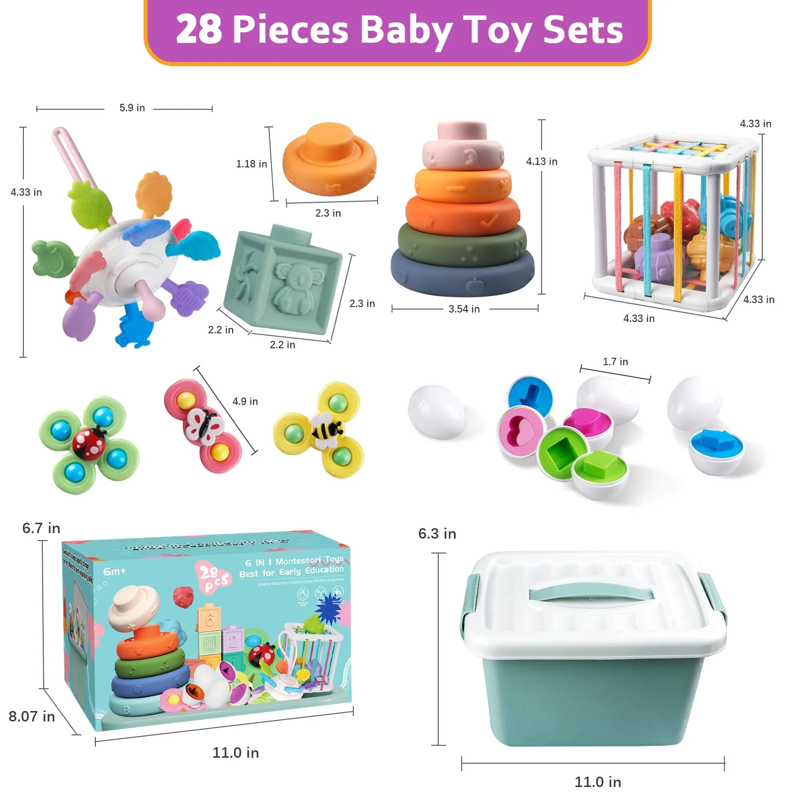 Baby Spielzeug für 6 bis 12 Monate, Montessori Spielzeug für Babys, Sensorisches Baby Spielzeug, 6 in 1 Motorikspielzeug, Stapelspielzeug Blöcken und Ringen, passende Eier (6 in 1) - Image 2