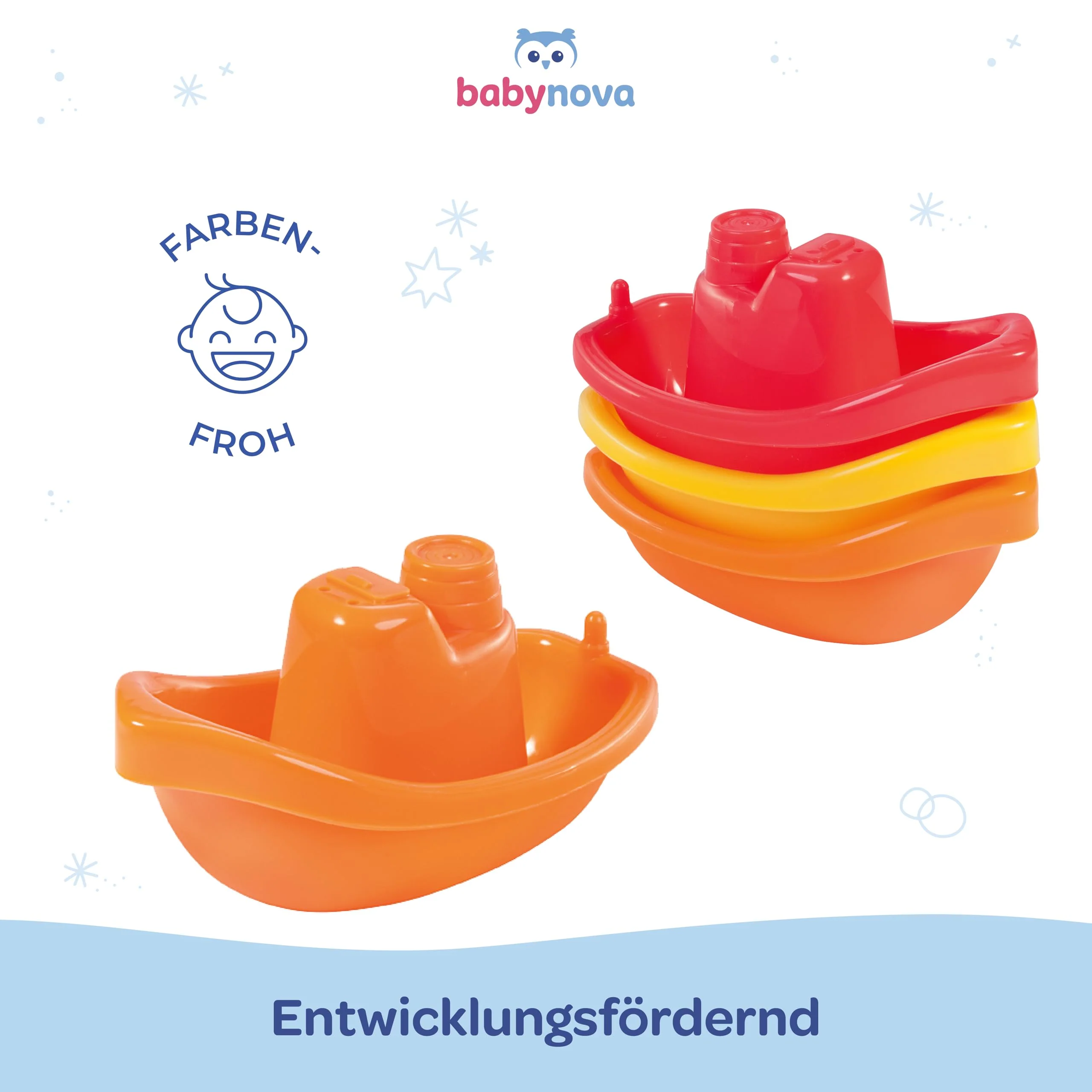 babynova Badeboote – Pädagogisches Baby- und Kleinkindspielzeug – Ab 3 Monaten – 3-teiliges Set – Entwicklung von Motorik und Koordination – Geeignet für Badewanne und Sandkasten – Rot, Gelb, Orange - Image 5