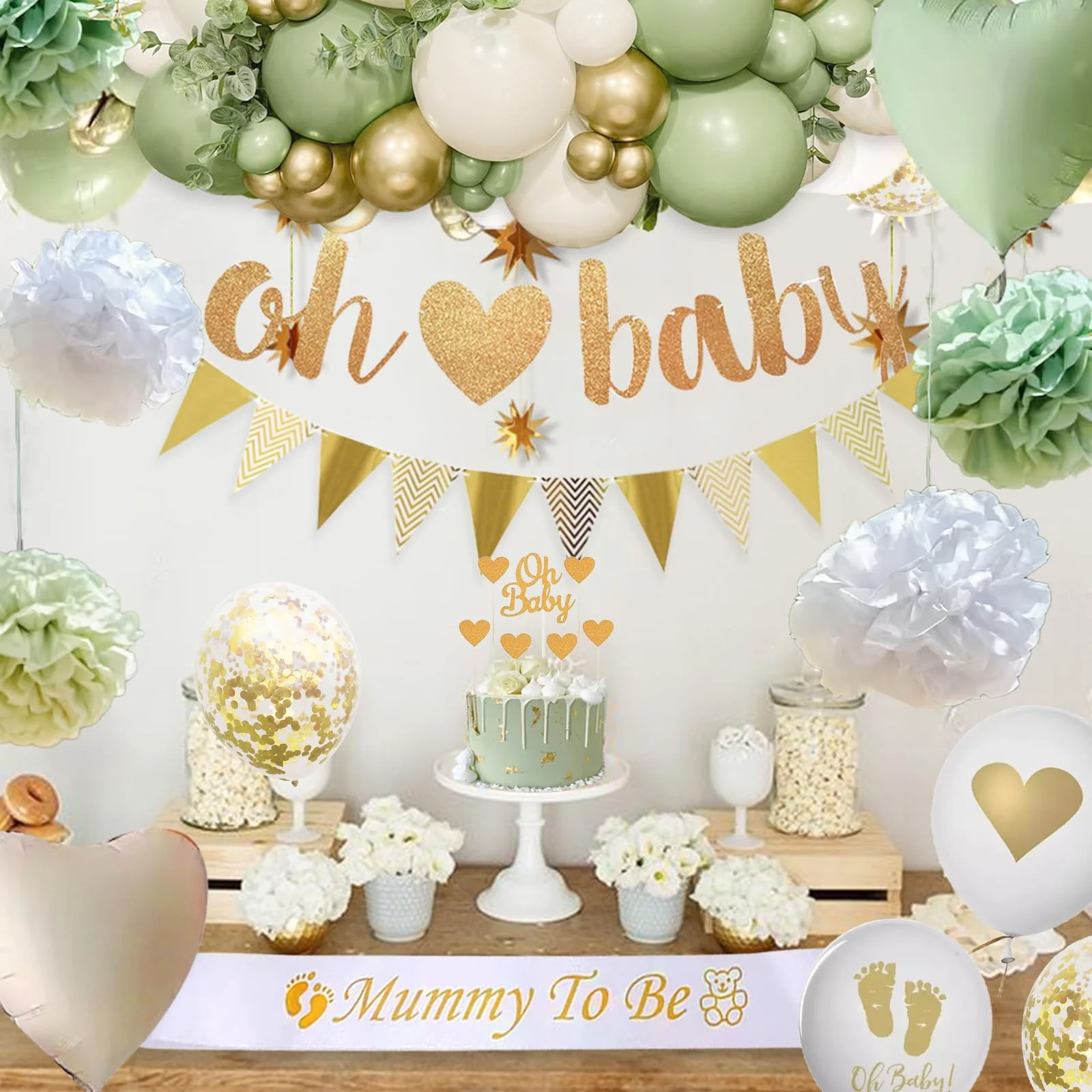 Babyparty Deko Junge, Baby Shower Deko Junge Mädchen mit Luftballoons Grün Gold,Babyparty Girlande,Mommy to Be Sash für Babyshowerparty Neutral Dschungel ,Gender Reveal Party Dekoration Boy Girl - Image 4