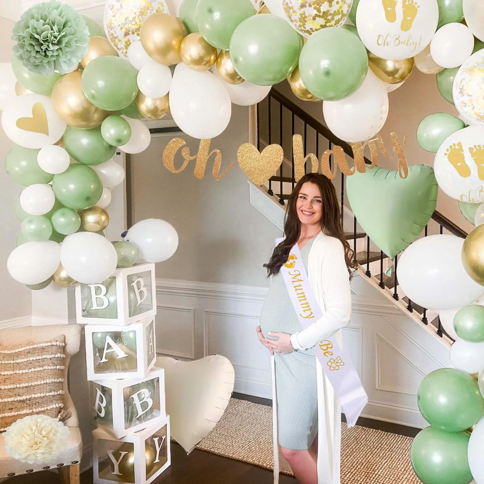 Babyparty Deko Junge, Baby Shower Deko Junge Mädchen mit Luftballoons Grün Gold,Babyparty Girlande,Mommy to Be Sash für Babyshowerparty Neutral Dschungel ,Gender Reveal Party Dekoration Boy Girl - Image 6