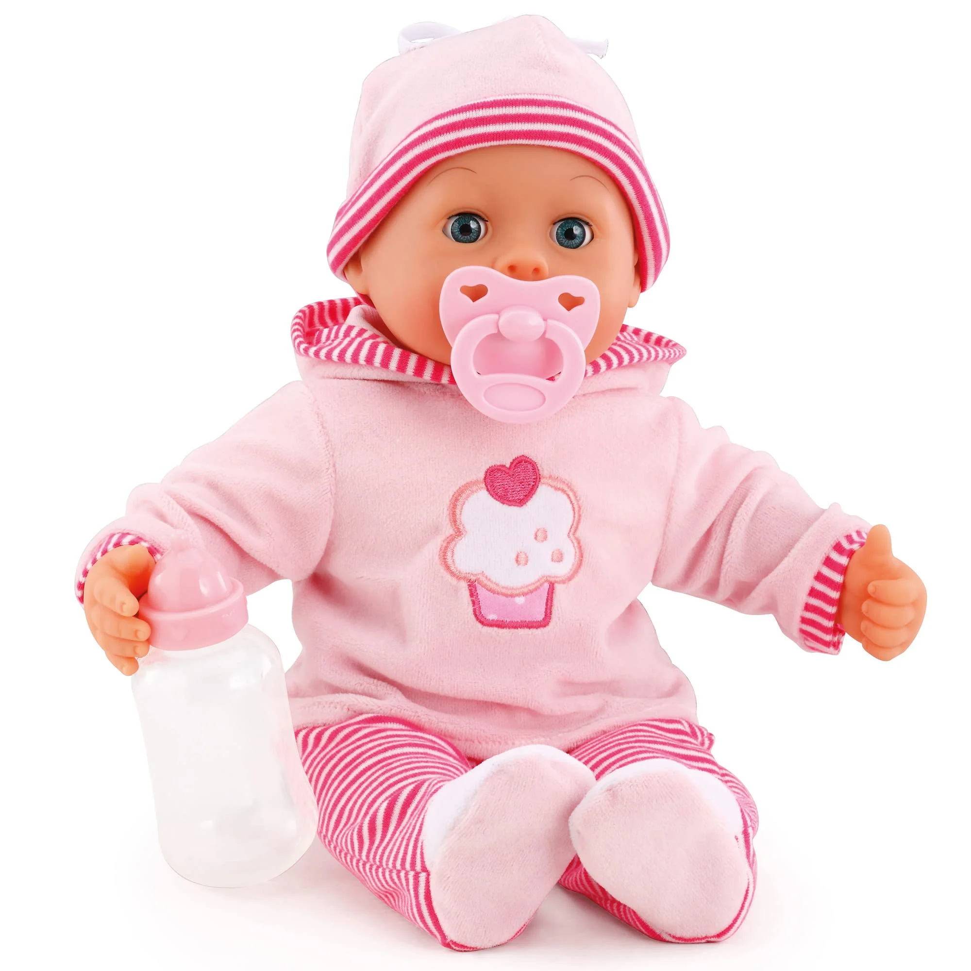 Babypuppe First Words mit Schlafaugen, spricht 24 Babylaute, mit Schnuller und Flasche, 38 cm, Rosa/Streifen