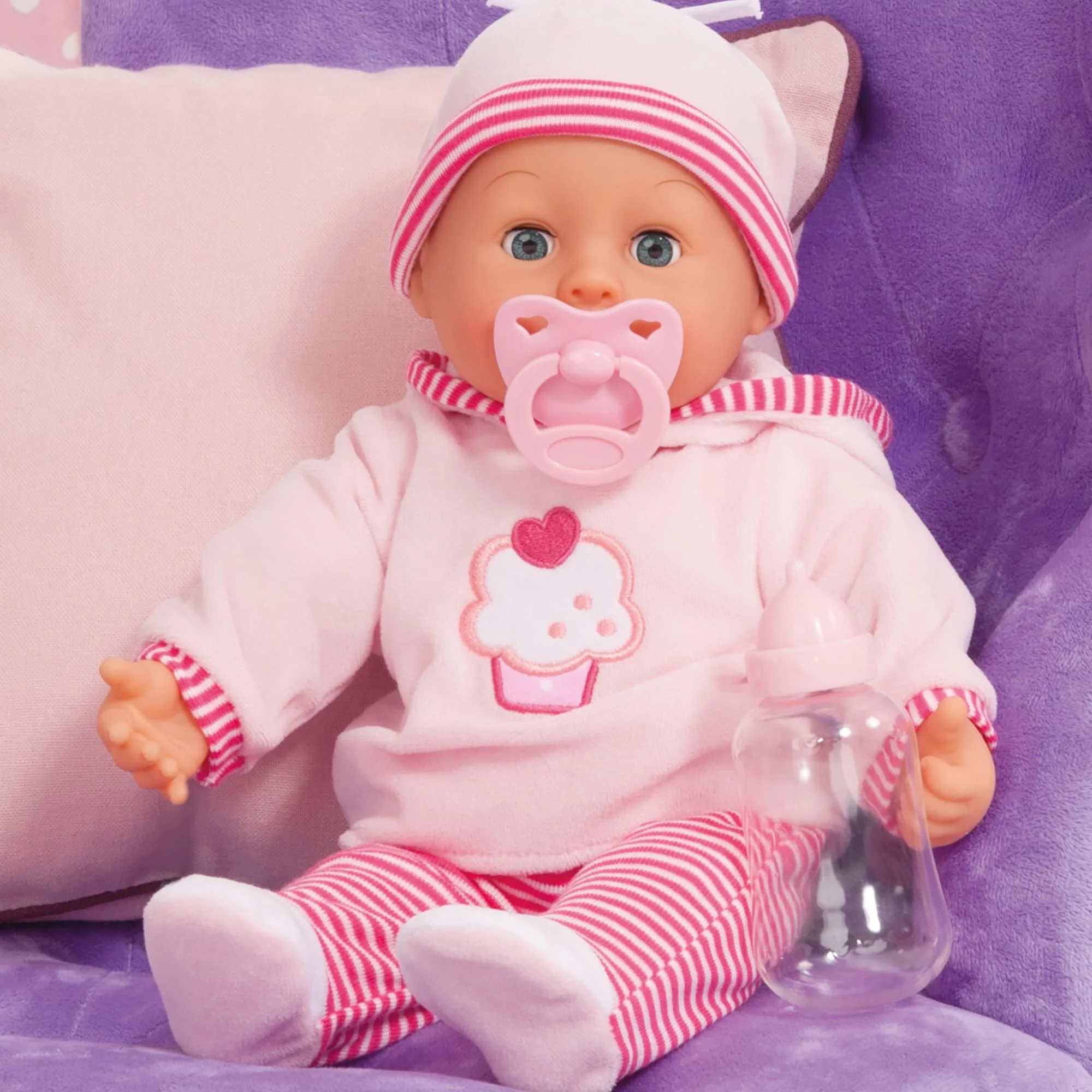 Babypuppe First Words mit Schlafaugen, spricht 24 Babylaute, mit Schnuller und Flasche, 38 cm, Rosa/Streifen - Image 2