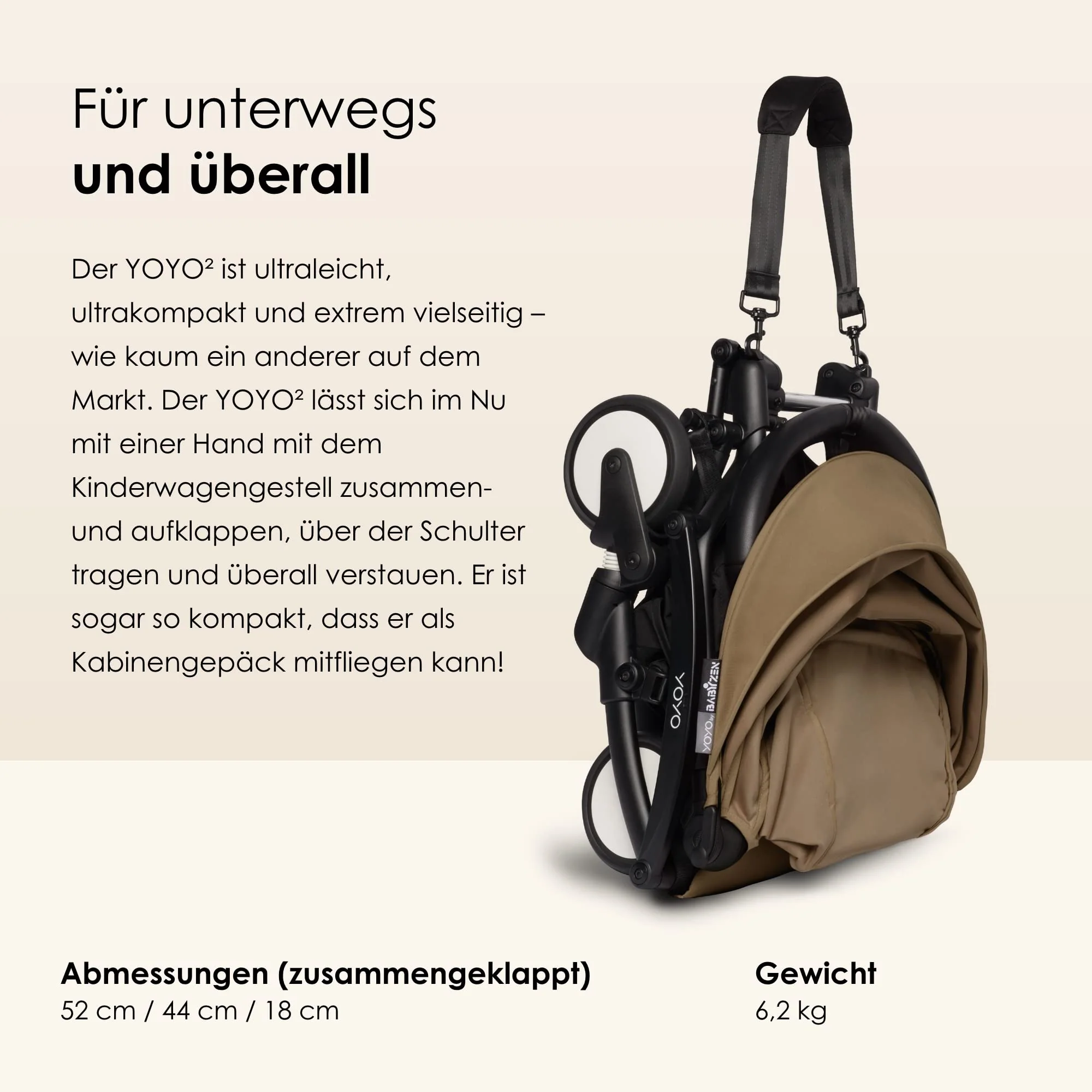 BABYZEN YOYO2 Kinderwagen (Kinderwagengestell Black und 6+ Textile Set Stone) - Inklusive Gurt, Rückenlehne, Verdeckbügel, Schultergurt, Aufbewahrungstasche, Sitzpolster und farbgleichem Verdeck