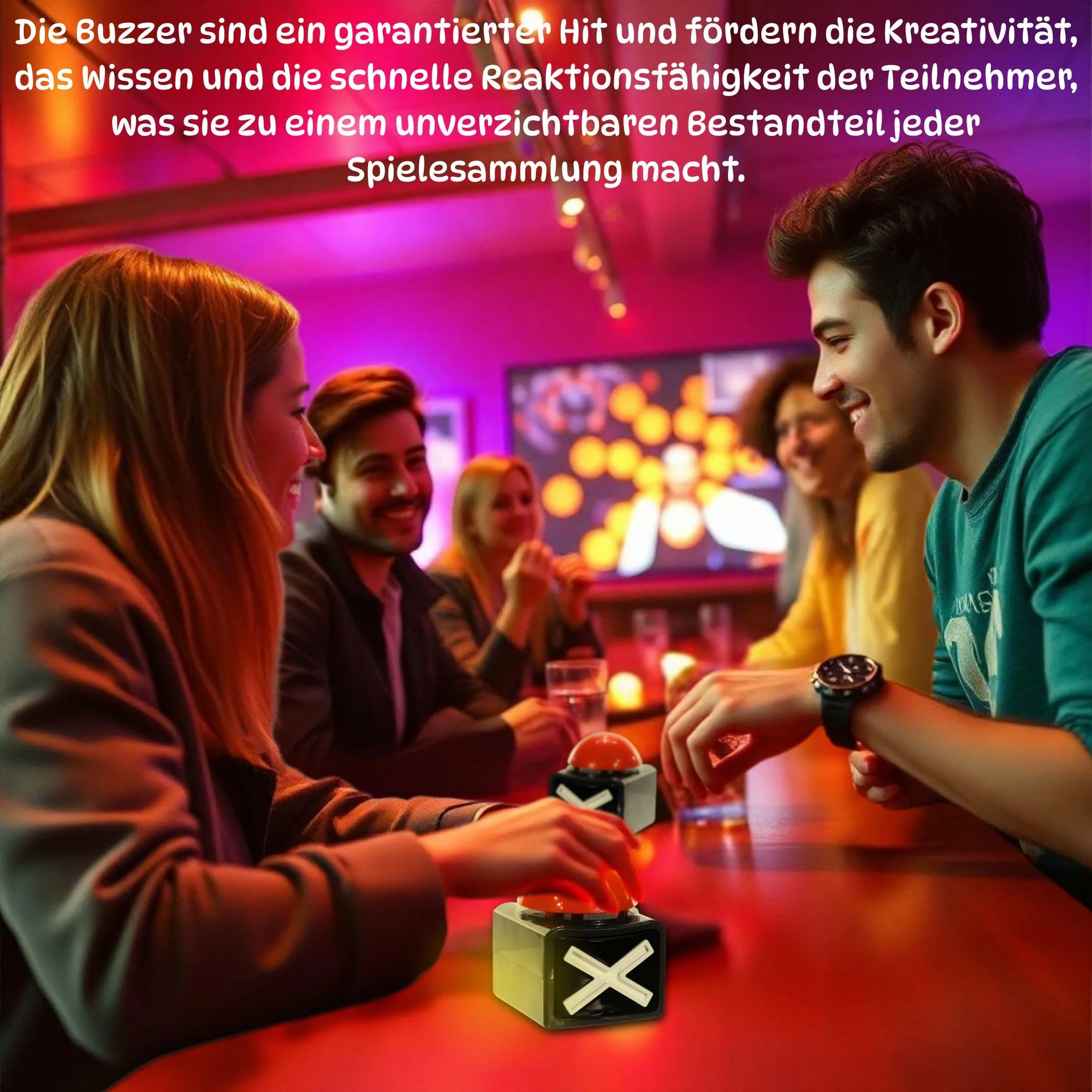 Bada Bing 2er Set XL Buzzer Button mit Sound und Lichteffekten - Perfekt für Quizabende und Partyspiele - Zubehör Quiz Games - Batteriebetriebener Alarmknopf Spielabende und Spielshows Party Spiel - Image 8