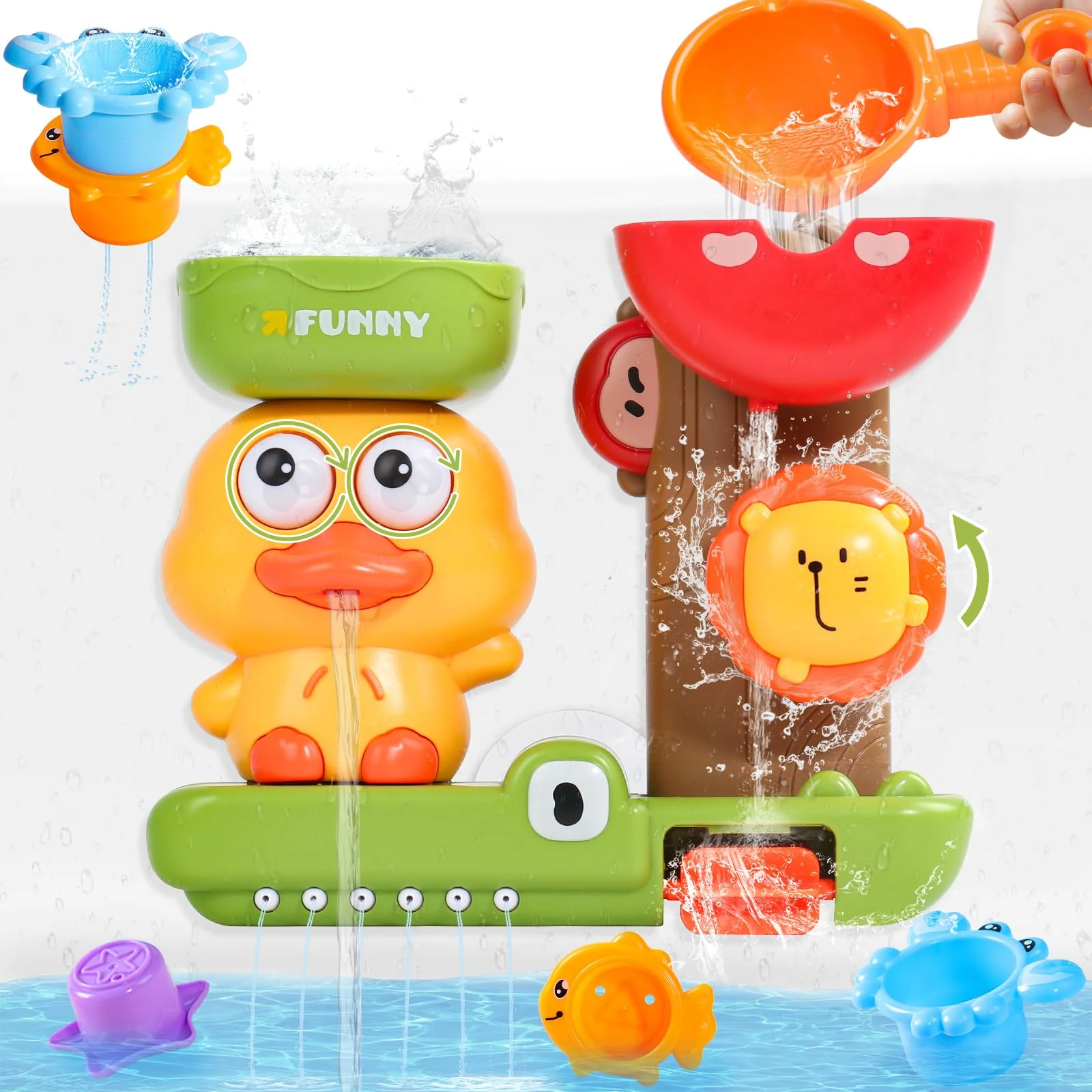 Badewannenspielzeug, Badespielzeug Baby ab 1 Jahr, Baby Spielzeug ab 1 Jahr, 1 Löffel & 3 Stapelbare Tier-Becher, Geschenk 1 2 3 Jahre Junge Mädchen, Wasserspielzeug Kinder ab 6-18 Monate