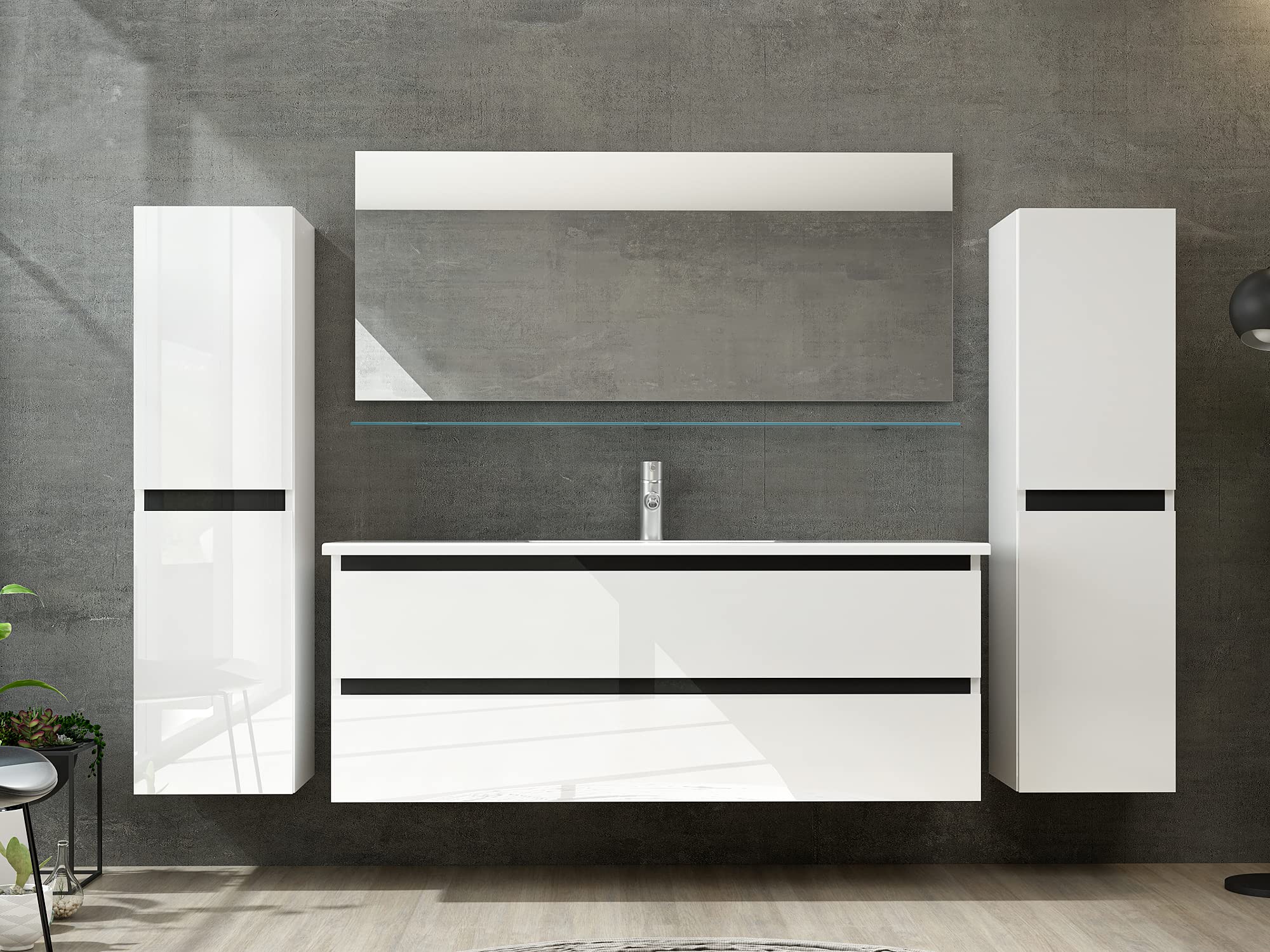 Badmöbel Set Hochglanz mit Schubladen Glas ablage (Dennis Weiss, 120 cm Einzelbecken 2X Hochschrank) - Image 2