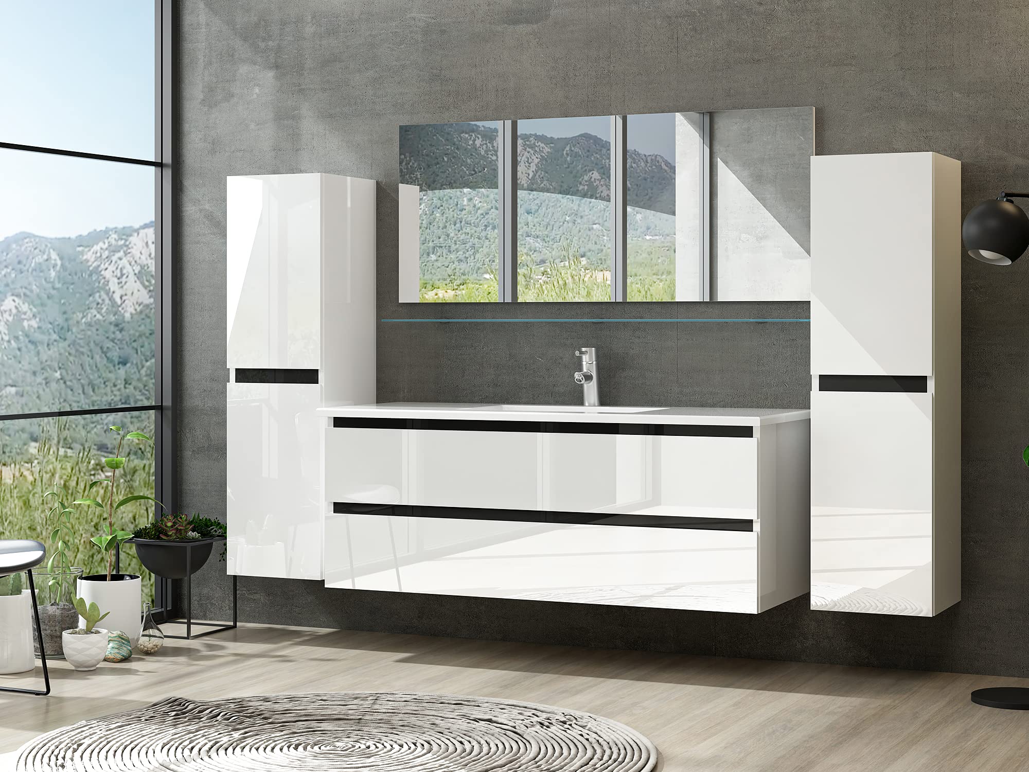 Badmöbel Set Hochglanz mit Schubladen Glas ablage (Dennis Weiss, 120 cm Einzelbecken 2X Hochschrank) - Image 3