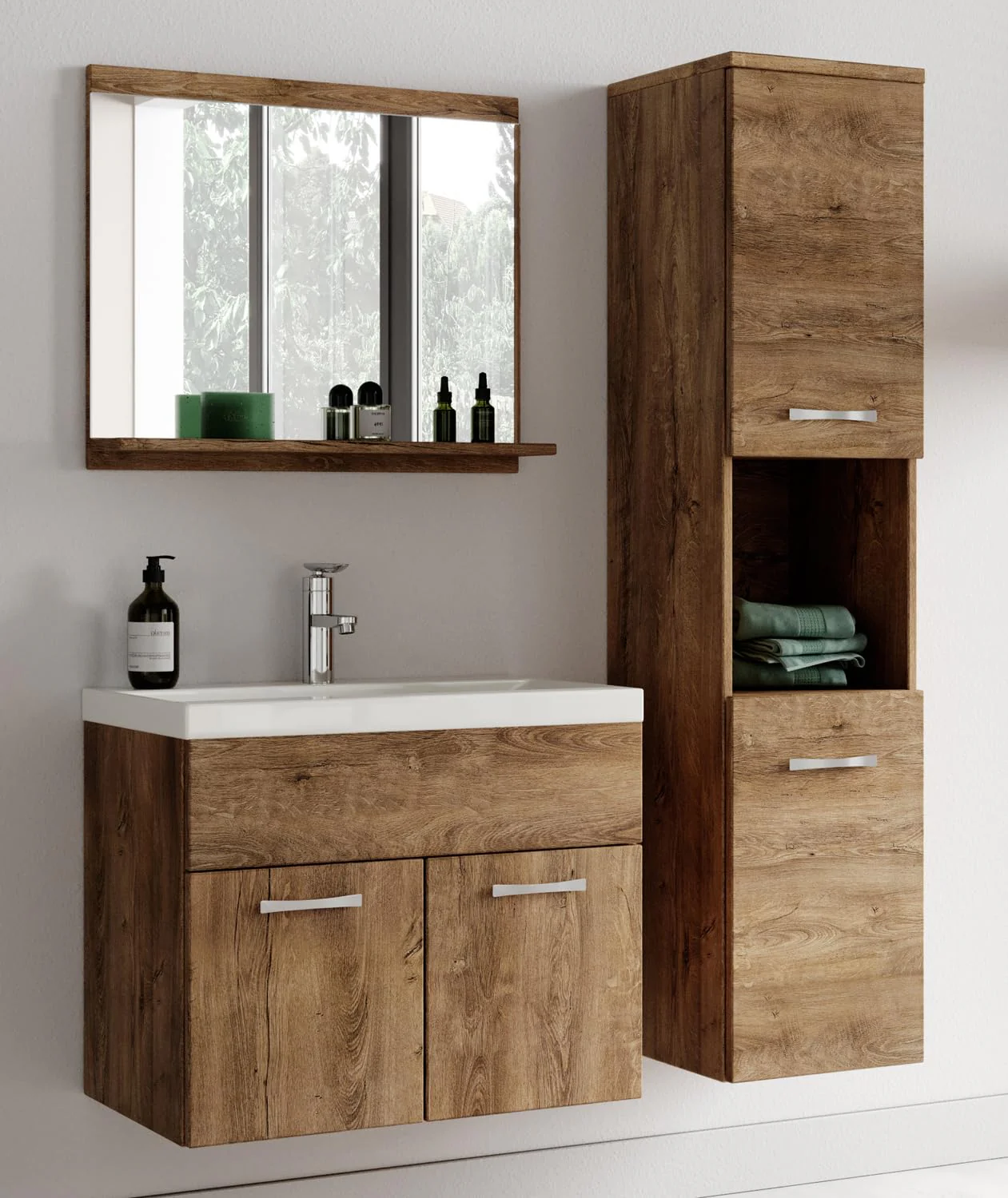 Badplaats B.V. Badezimmer Badmöbel Set Montreal 60cm Waschbecken Braun Eiche - Unterschrank Hochschrank Waschtisch Möbel - Image 10