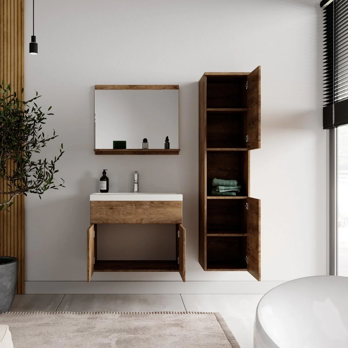 Badplaats B.V. Badezimmer Badmöbel Set Montreal 60cm Waschbecken Braun Eiche - Unterschrank Hochschrank Waschtisch Möbel - Image 5