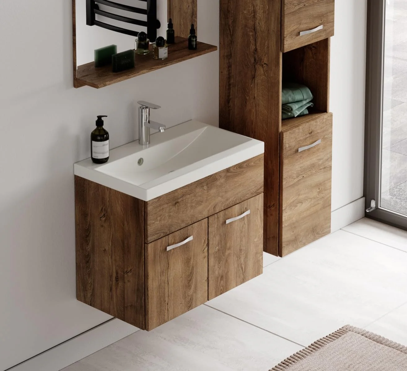 Badplaats B.V. Badezimmer Badmöbel Set Montreal 60cm Waschbecken Braun Eiche - Unterschrank Hochschrank Waschtisch Möbel - Image 6