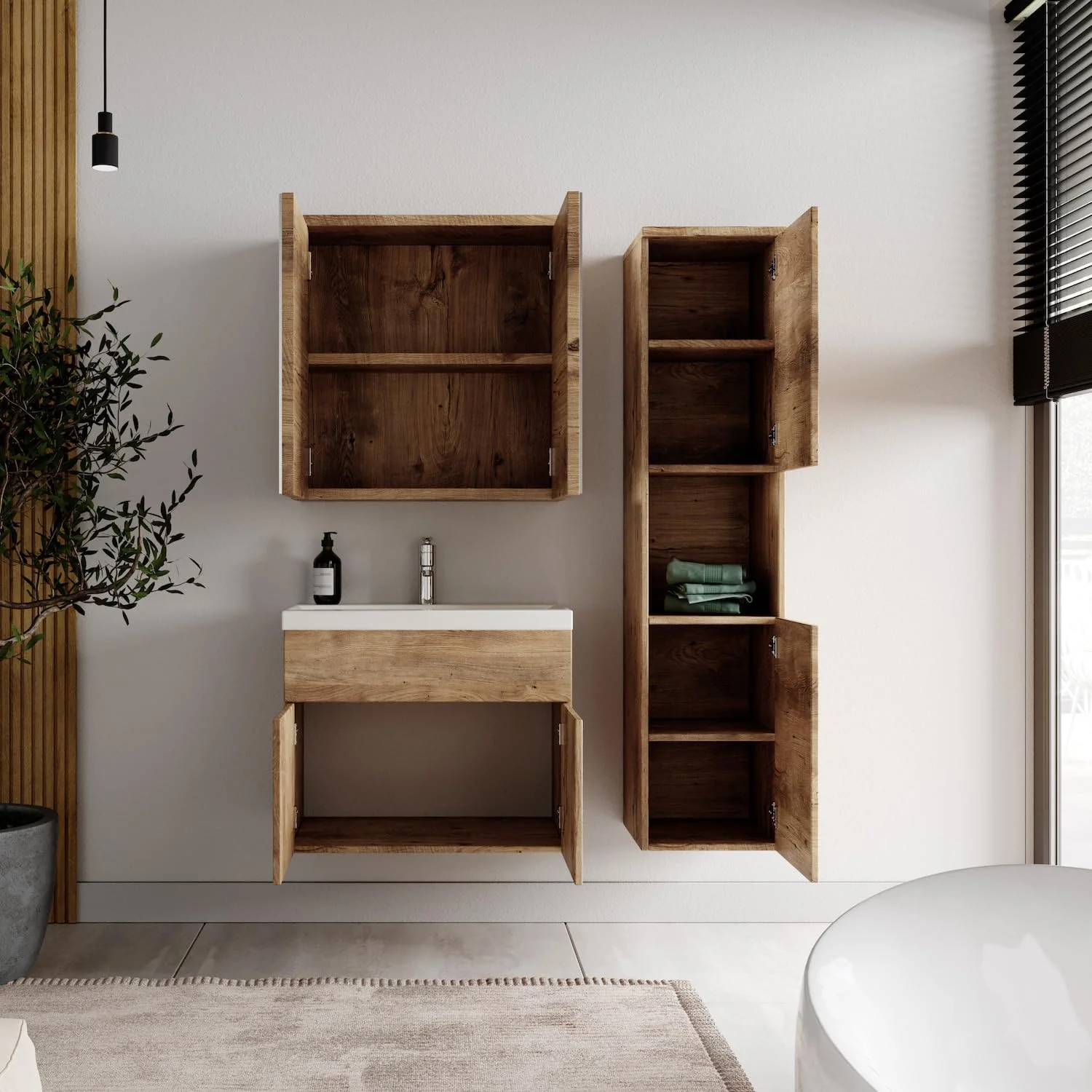 Badplaats B.V. Badezimmer Badmöbel Set Montreal mit Spiegelschrank 60cm Waschbecken Eiche Kastanie - Unterschrank Hochschrank Waschtisch Möbel - Image 3