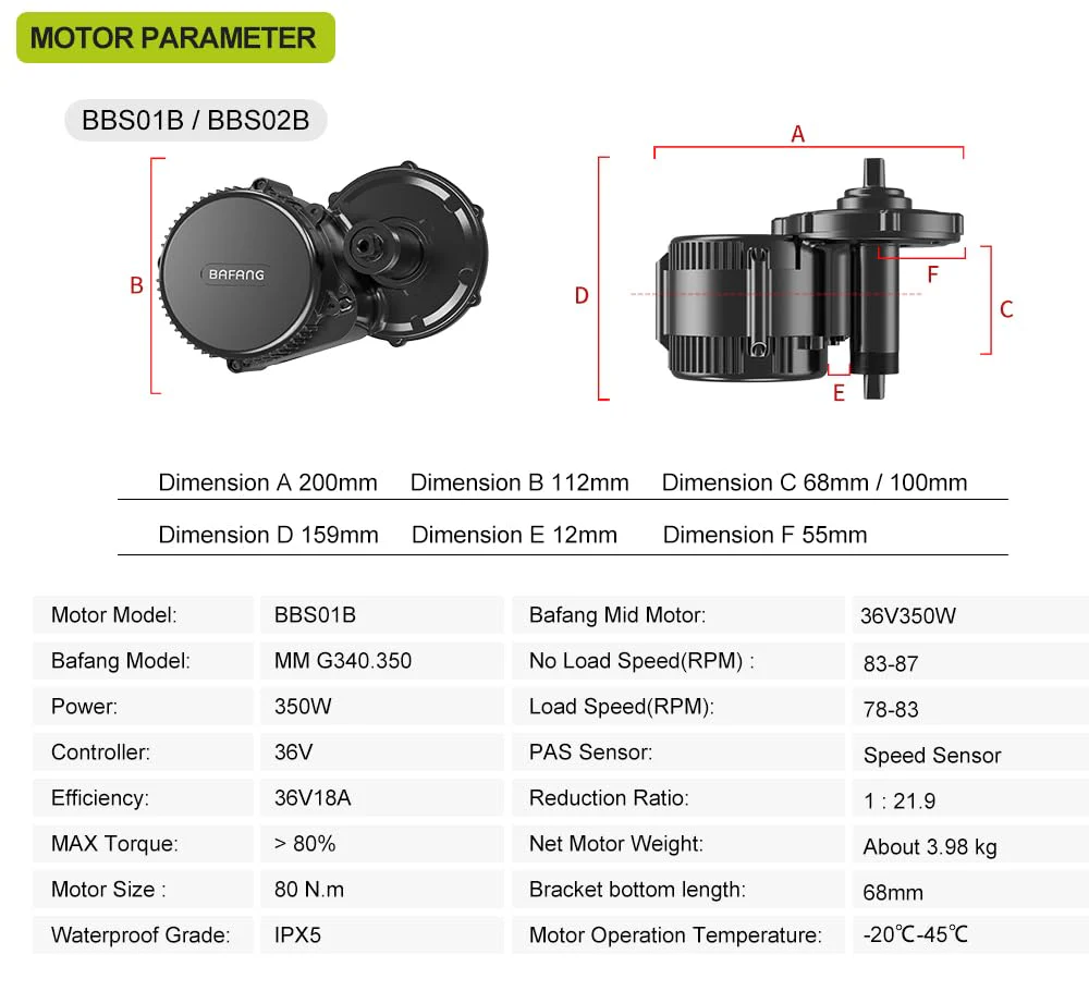 BAFANG 36V 350W Mittelmotor - BBS01B Mittelmotor-Kit mit Akku (optional) und LCD-Display für 68-73 mm Tretlager, 8fun BBS01 G340 Elektrofahrrad-Umrüstkit, DIY-E-Bike-Kit - Image 5
