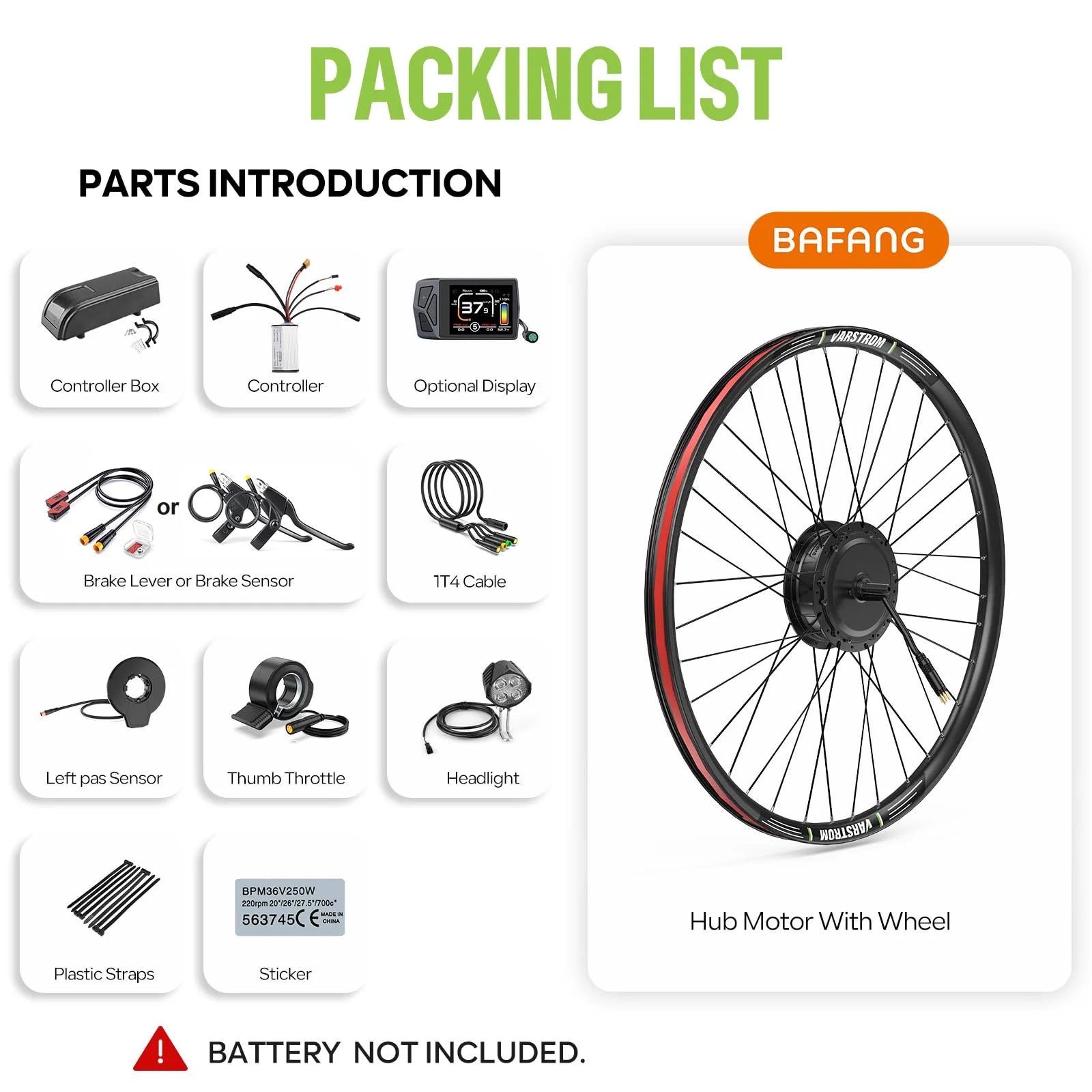 BAFANG 48V500W 26" Front Hub Motor Kit G020 Ebike Conversion Kit with SW2-M58 Digital Display & Smart Controller - Image 2