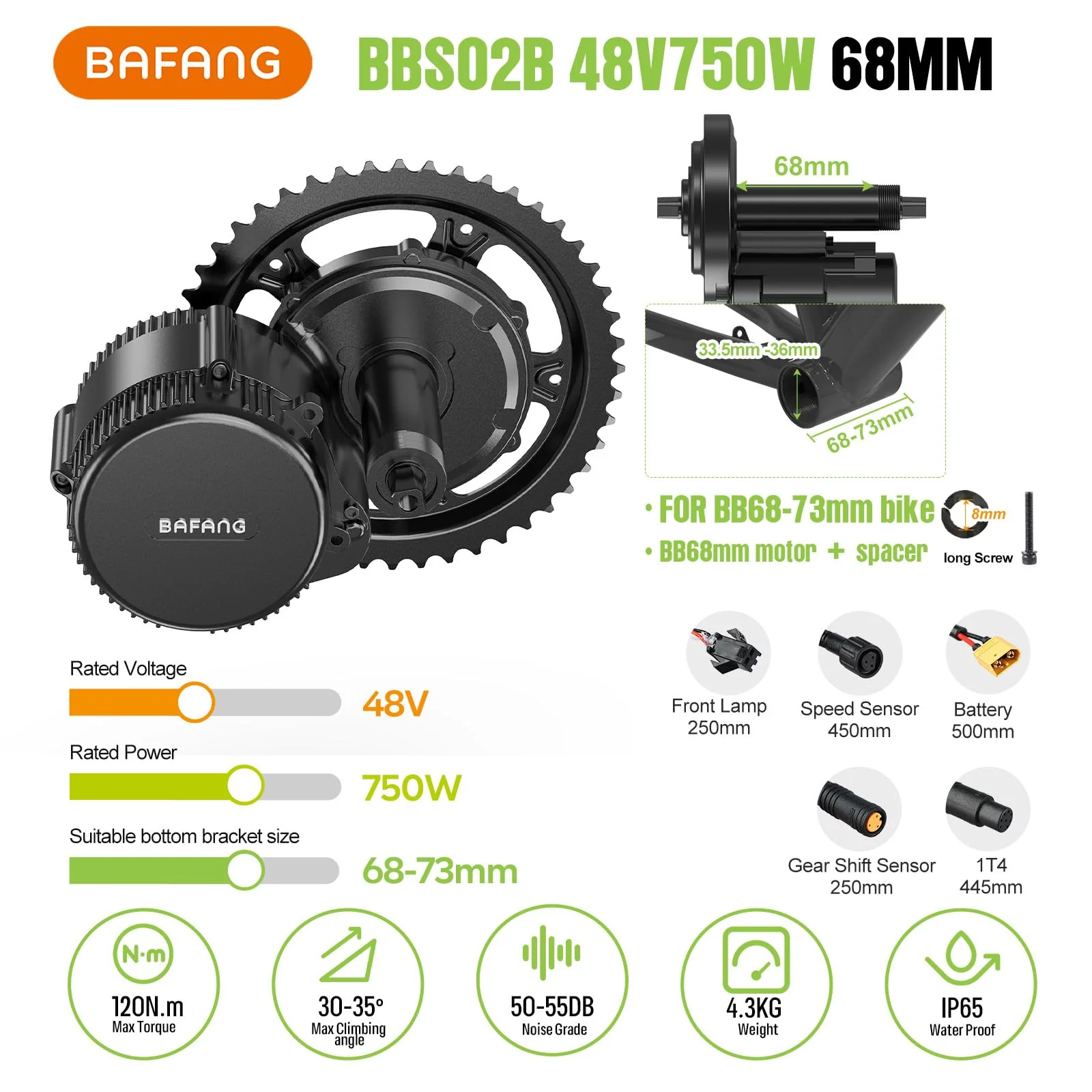 Bafang 750W 48V Middle Motor Kit E-Bike Umbausatz BBS02B, 48V20Ah Unterrohr-Akku Elektrofahrrad mit EKD01 Display und 44T Kettenblatt, für 68-73MM Bottom Bracket Bike - Image 3