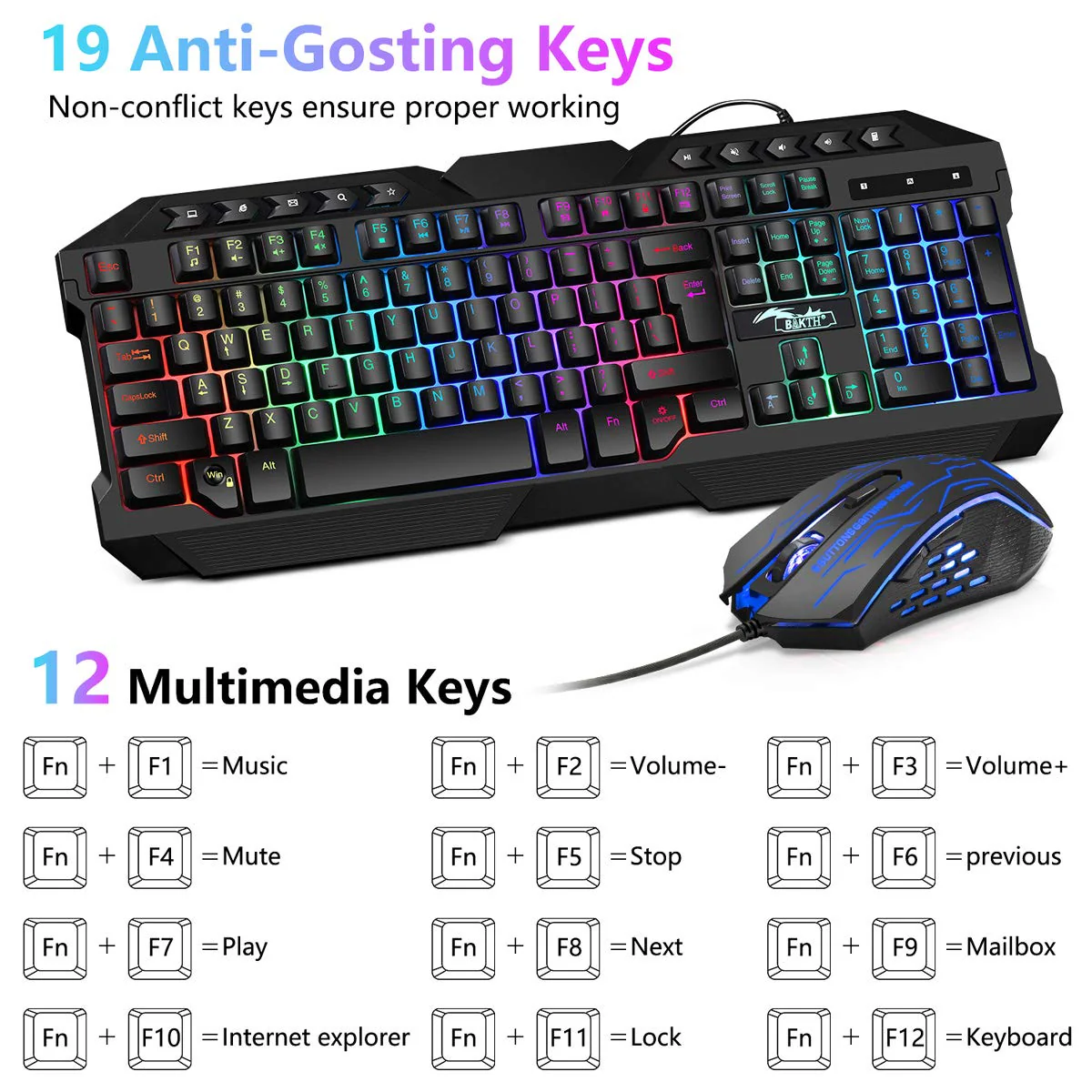BAKTH Gaming Tastatur und Maus Set, LED Hintergrundbeleuchtung QWERTZ DE Layout, Regenbogen Farben Beleuchtete USB Wasserdicht Tastatur und Maus mit 3600 DPI für Pro PC Gamer - Image 12