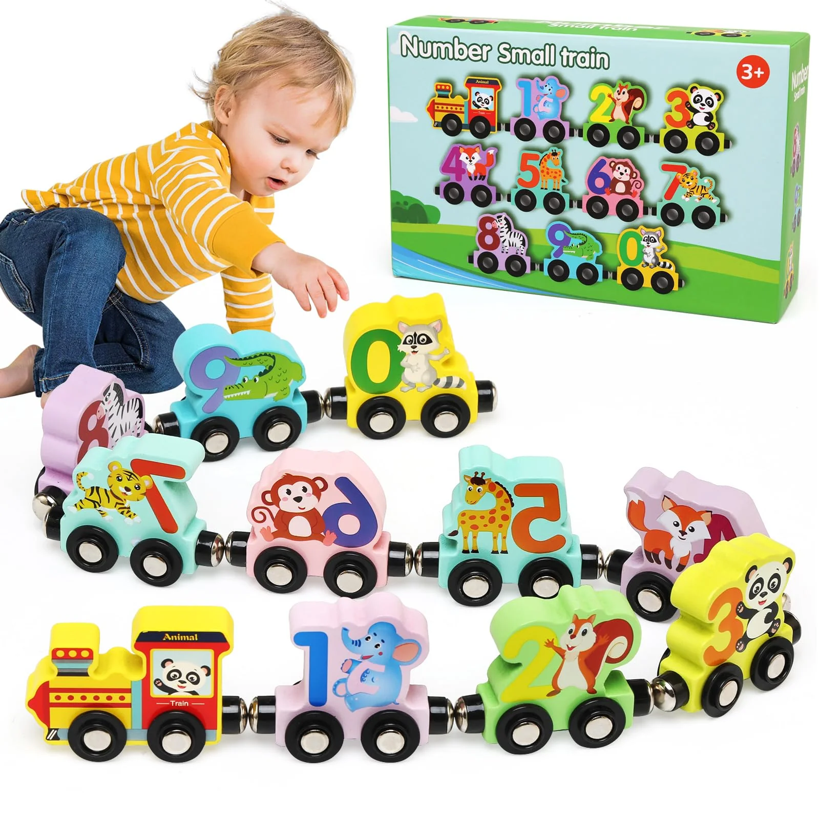 Ballery Hölzerne Tiere Zahl Zug, 11 Pack Holzzug Montessori Magnetzug Set, Montessori Pädagogisches Lernspielzeug, Geschenke für 1 2 3 4 5 Jahre alt Mädchen Jungen