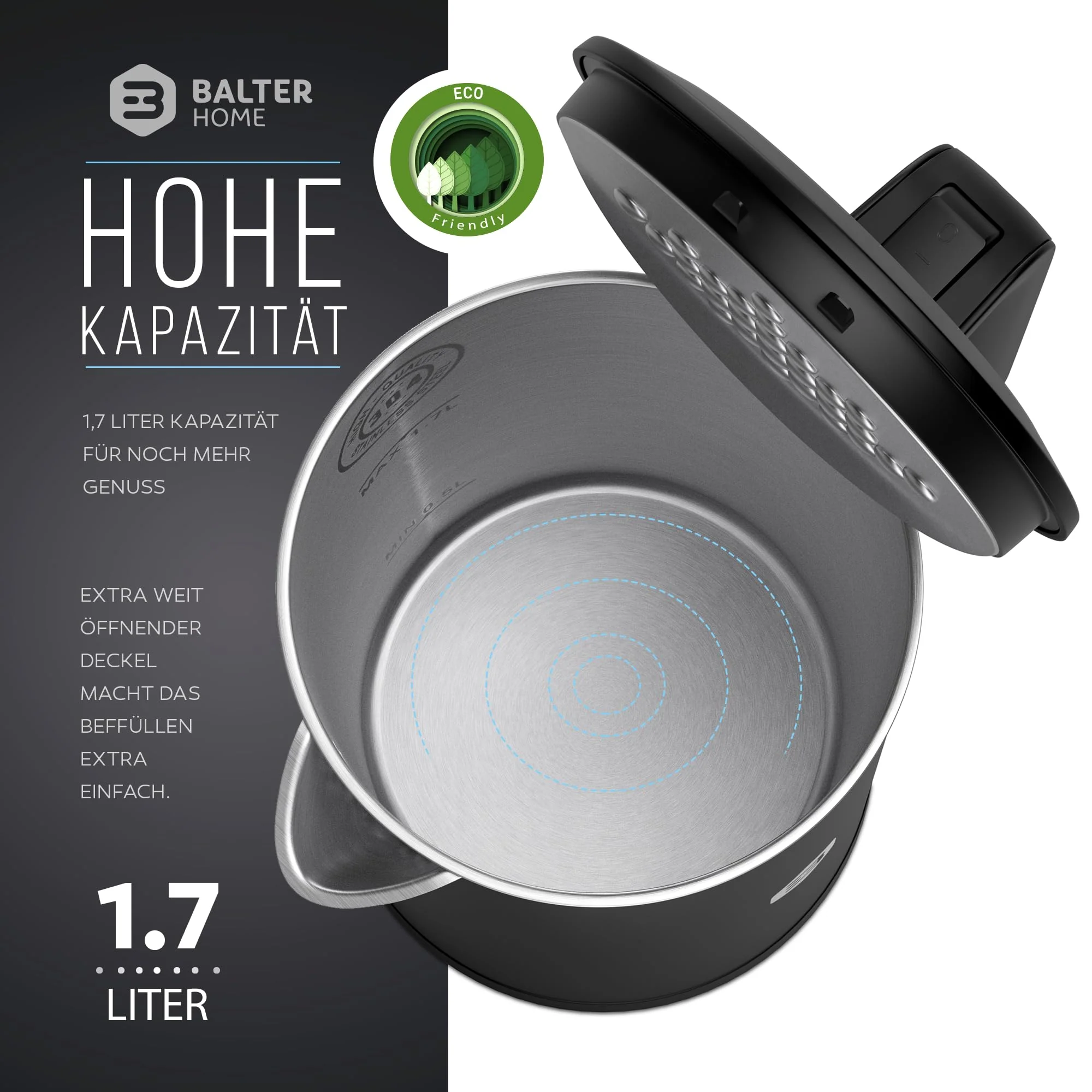 Balter Wasserkocher Edelstahl WK-4, 1,7 Liter, elektrischer Wasserkocher, Doppelwand Design, BPA frei, LED, Teekocher Kompakt, leise (Schwarz) - Image 8