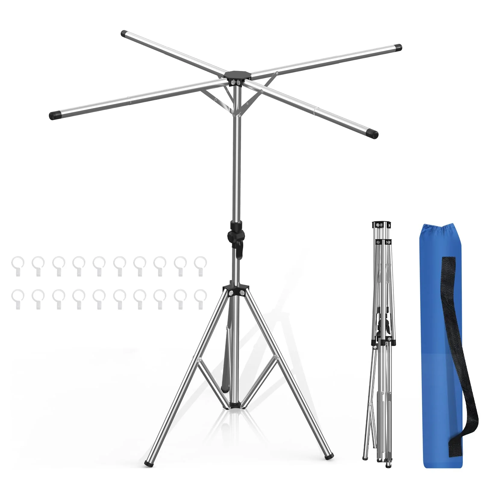 Baoduu Ausziehbar Wäscheständer Turm, Kleiderständer Klappbar, Platzsparend Waschesteständer, Stabil Stahl Rostfrei Wäschetrockner Ständer, Wäschespinne Camping mit Beutel & 20 Haken - Image 4